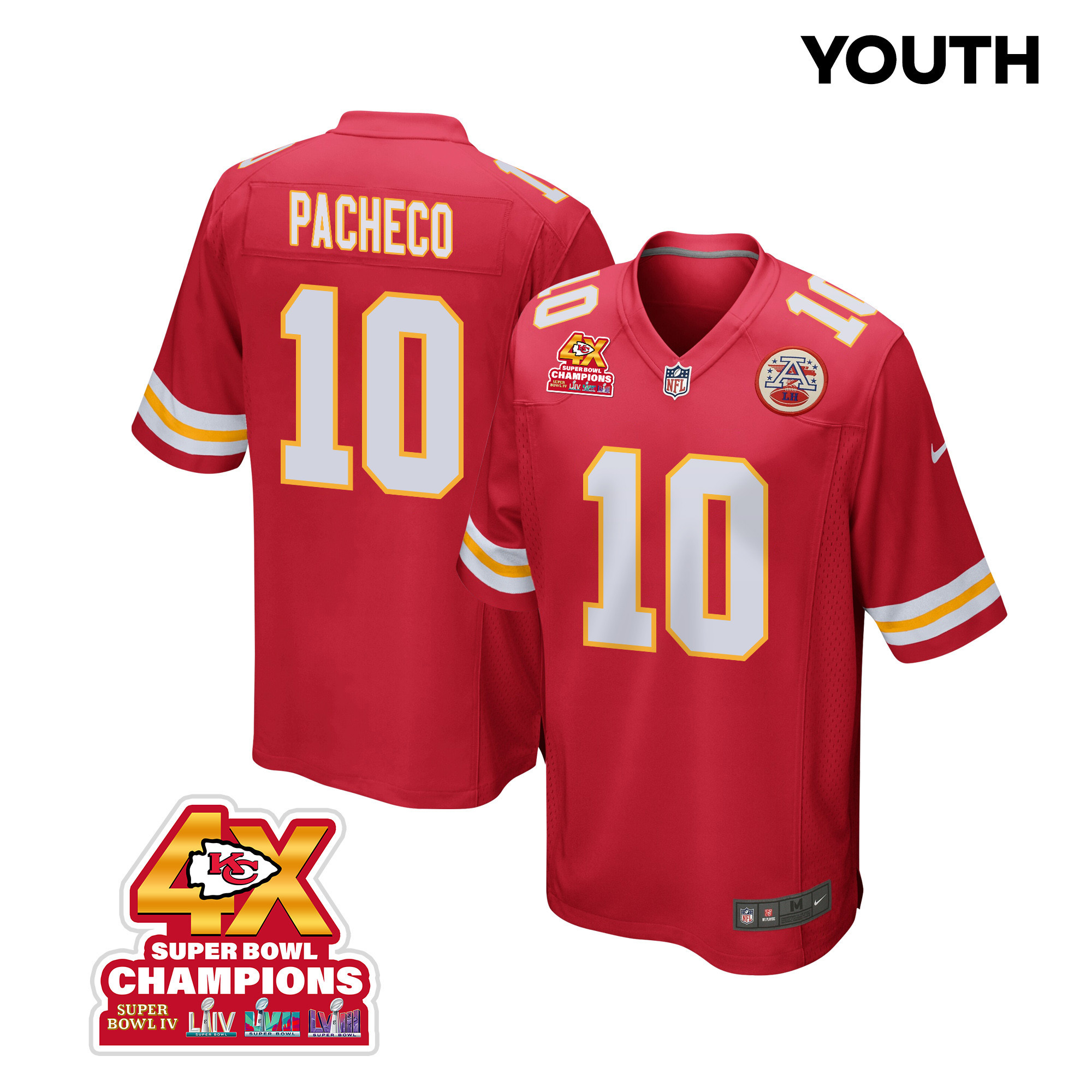Isiah Pacheco 10 Kansas City Chiefs Super Bowl LVIII Champions 4X Game YOUTH Jersey - Red - JSDV496