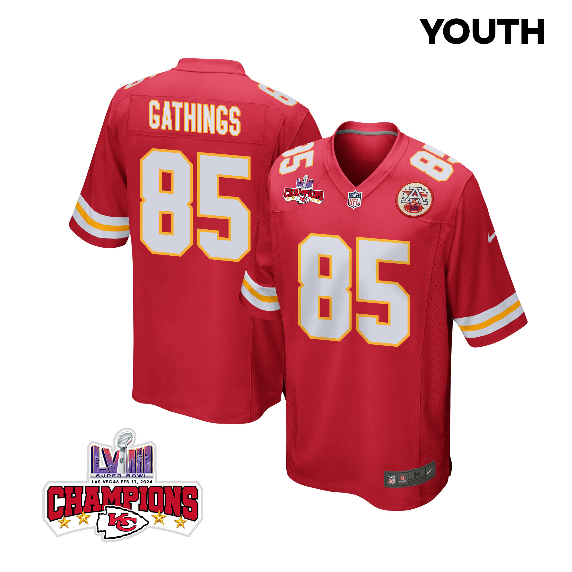 Izaiah Gathings 85 Kansas City Chiefs Super Bowl LVIII Champions 4 Stars Patch Game YOUTH Jersey - Red - JSDV551