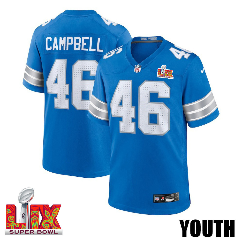 Jack Campbell #46 Detroit Lions Super Bowl LIX YOUTH Jersey - Blue - JS258