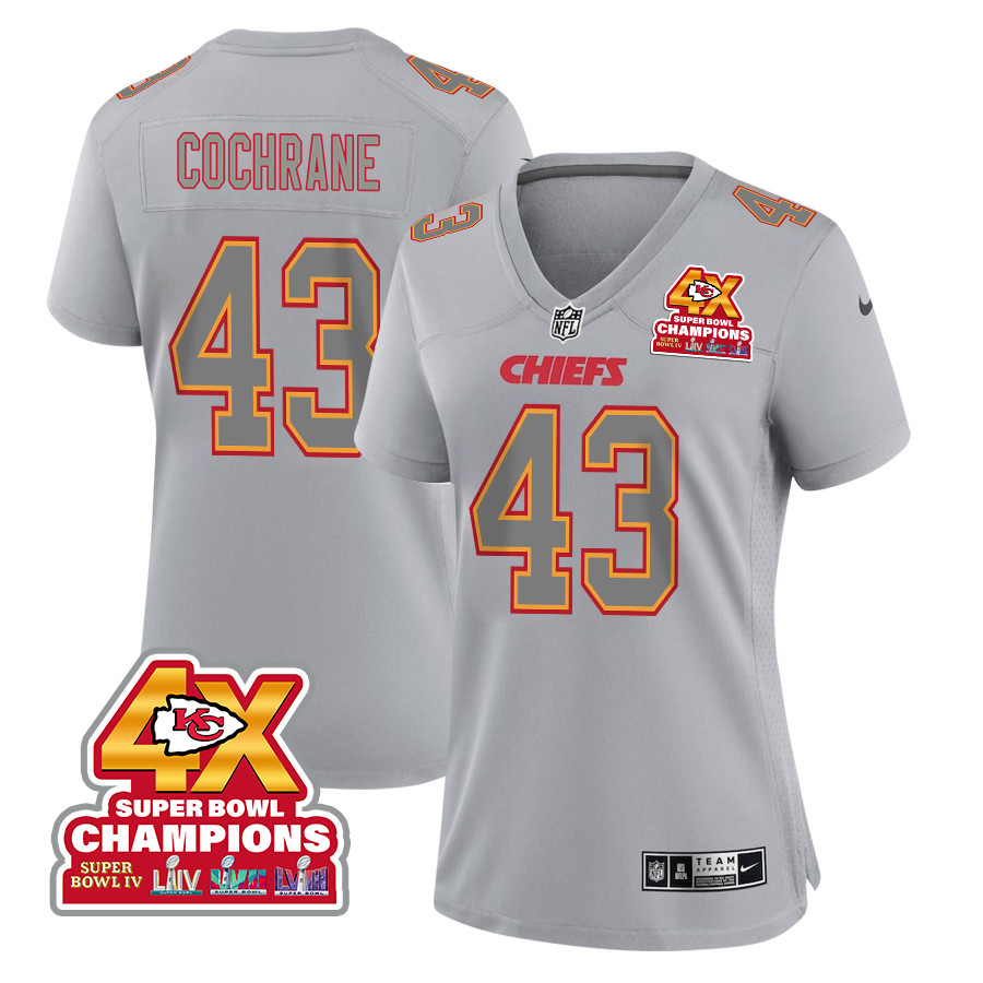 Jack Cochrane 43 Kansas City Chiefs Super Bowl LVIII Champions 4X Atmosphere Fashion Game Women Jersey - Gray - JSDV924