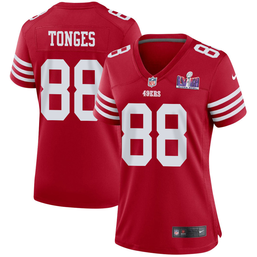 Jake Tonges 88 San Francisco 49ers Super Bowl LVIII Patch Game Women Jersey - Scarlet - JSDV811