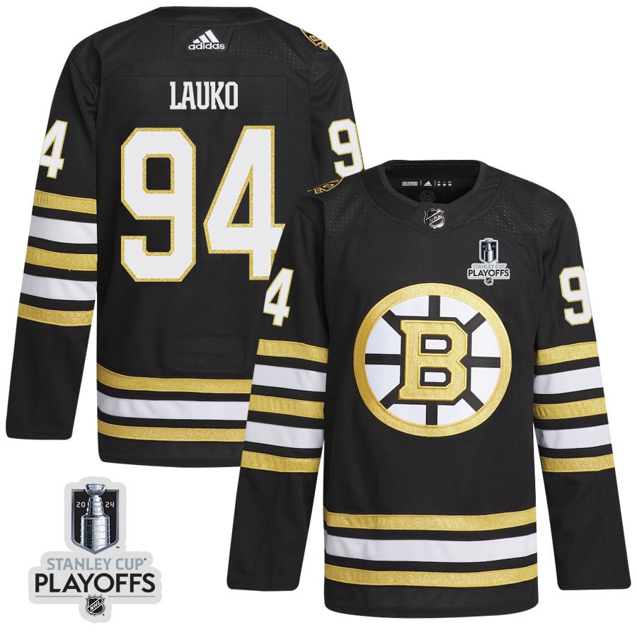 Jakub Lauko 94 Boston Bruins 2024 NHL Playoffs Patch Home Jersey - Men, Black - JS586