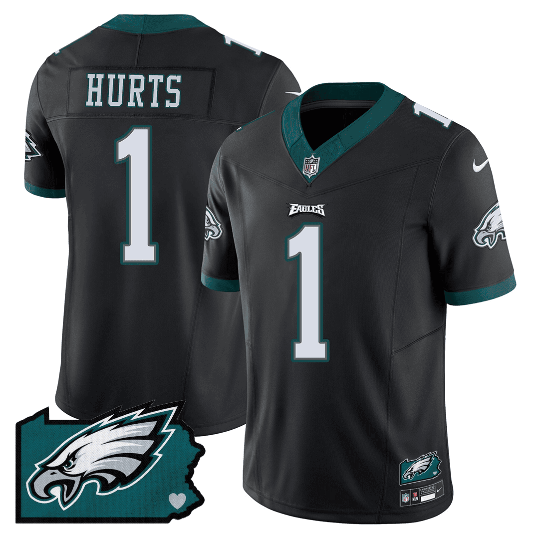 Jalen Hurts 1 Philadelphia Eagles Pennsylvania State Map Patch Game Men Jersey - Black - JSDV143