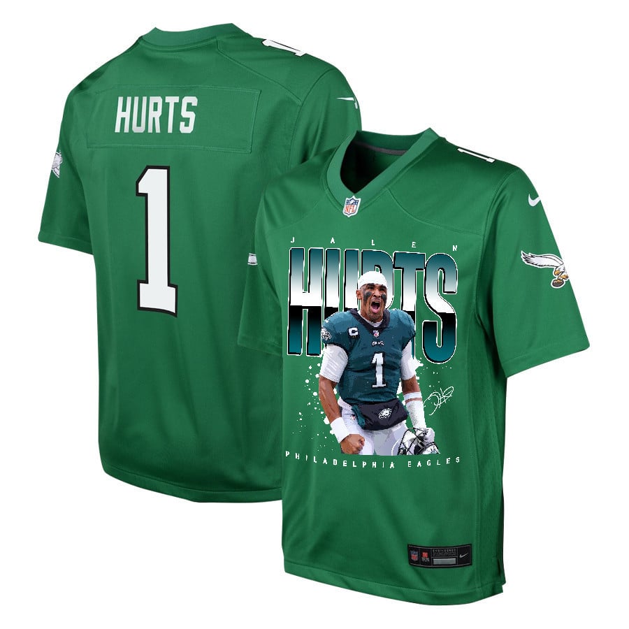 Jalen Hurts 1 Philadelphia Eagles Victory Game YOUTH Jersey - Kelly Green - JS412