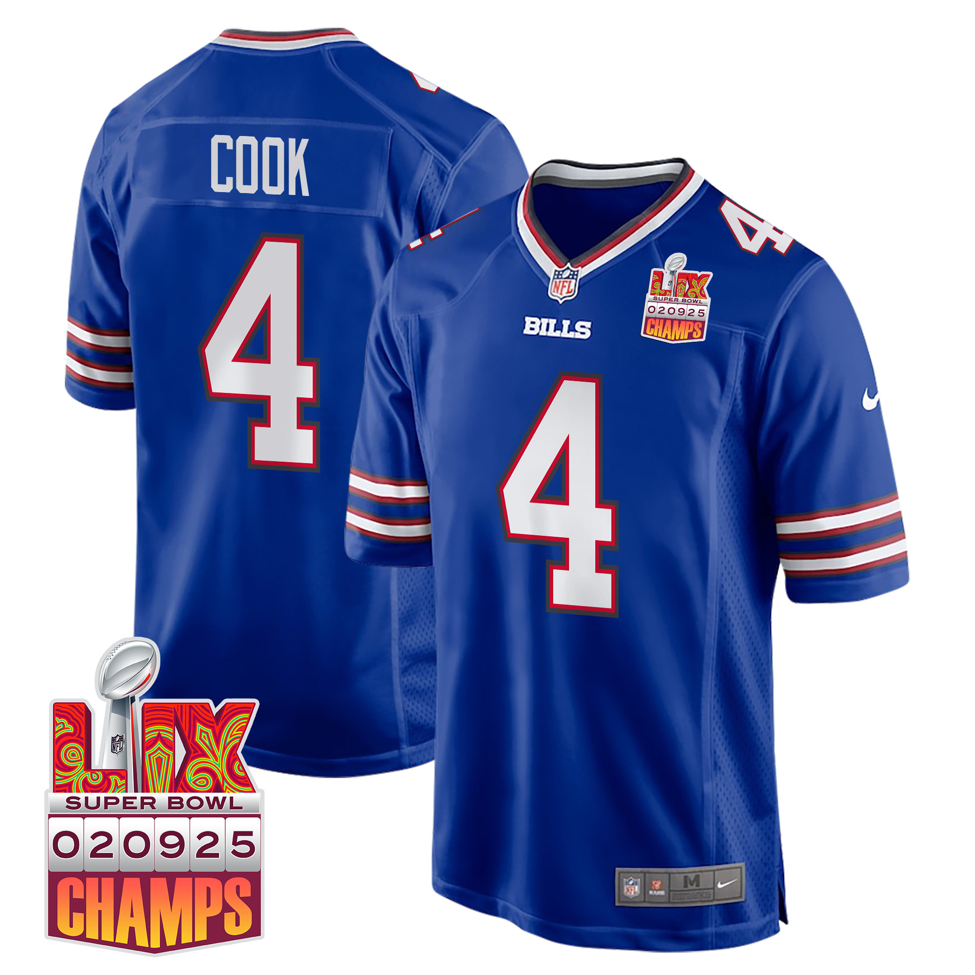 James Cook 4 Buffalo Bills Super Bowl LIX Champions Patch Game Men Jersey - Royal - JS187