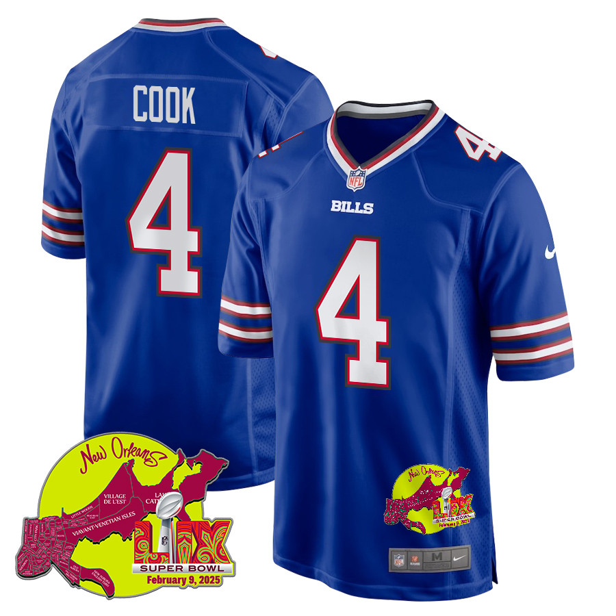 James Cook 4 Buffalo Bills Super Bowl LIX New Orleans Patch Game Men Jersey - Royal - JS565