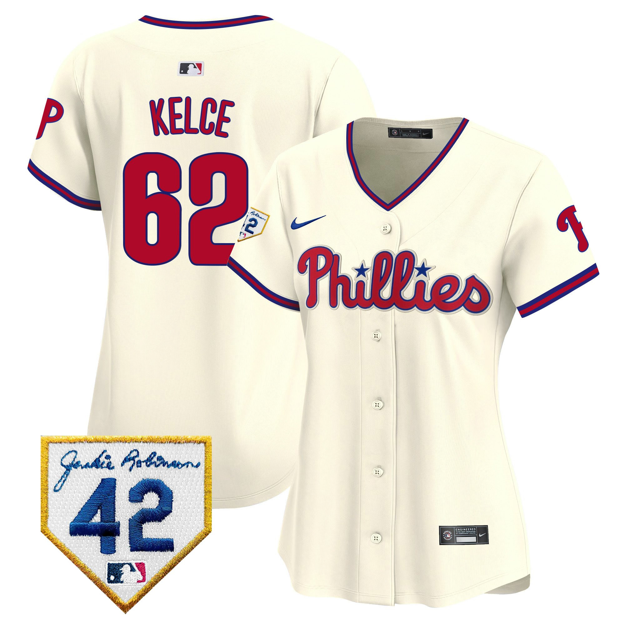 Jason Kelce 62 Philadelphia Phillies 2024 Jackie Robinson Patch Women Jersey - Cream - JS820