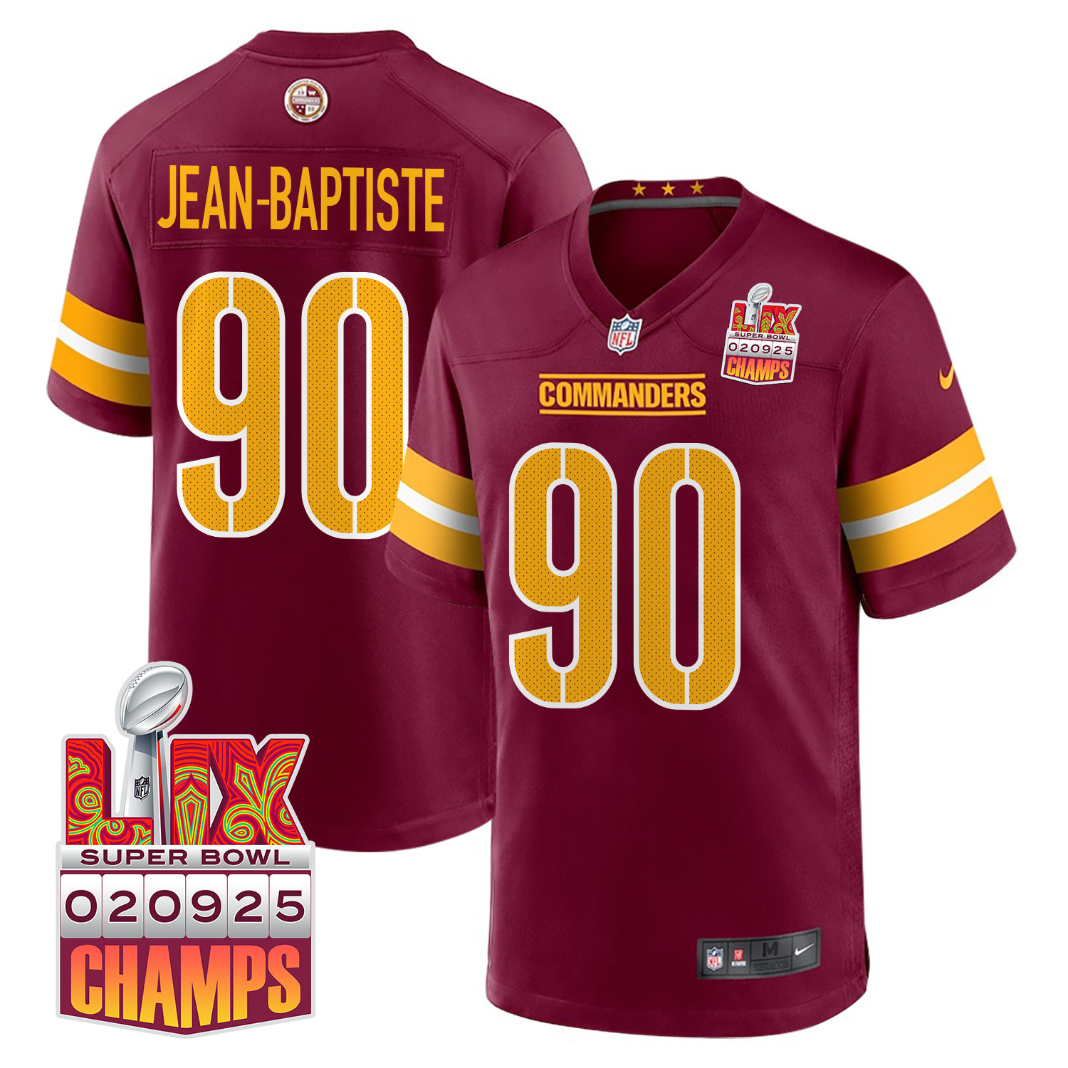 Javontae Jean-Baptiste 90 Washington Commanders Super Bowl LIX Champions Patch Game Men Jersey - Burgundy - JS740
