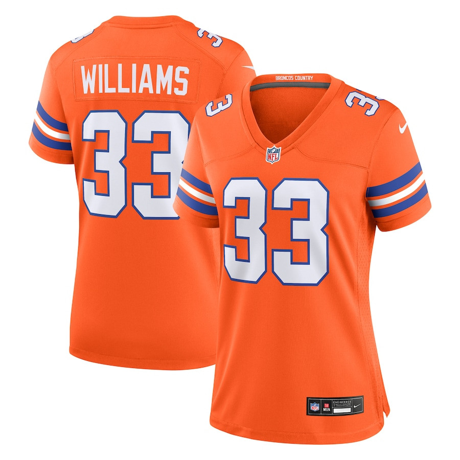 Javonte Williams 33 Denver Broncos Women's Mile High Collection 1977 Throwback Player Game Jersey - Orange - JSDV396