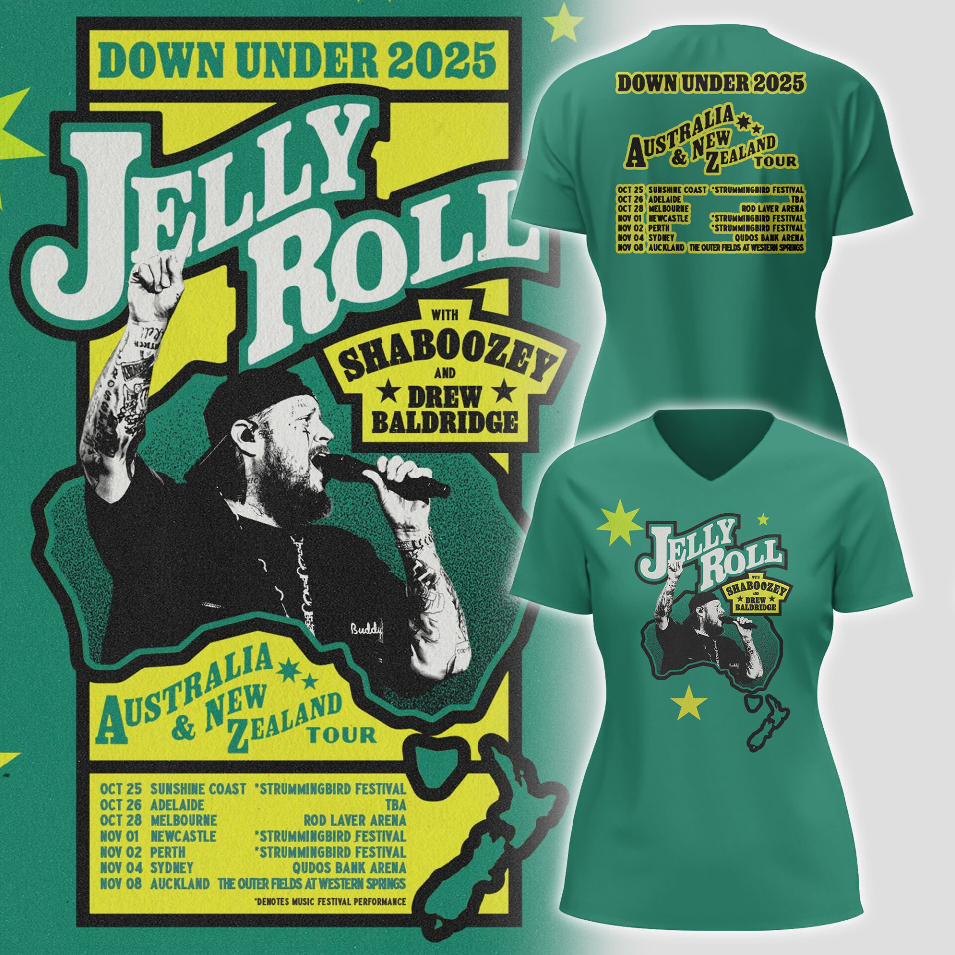 Jelly Roll Aunz Down Under 2025 Tour Vneck Gift For Fans