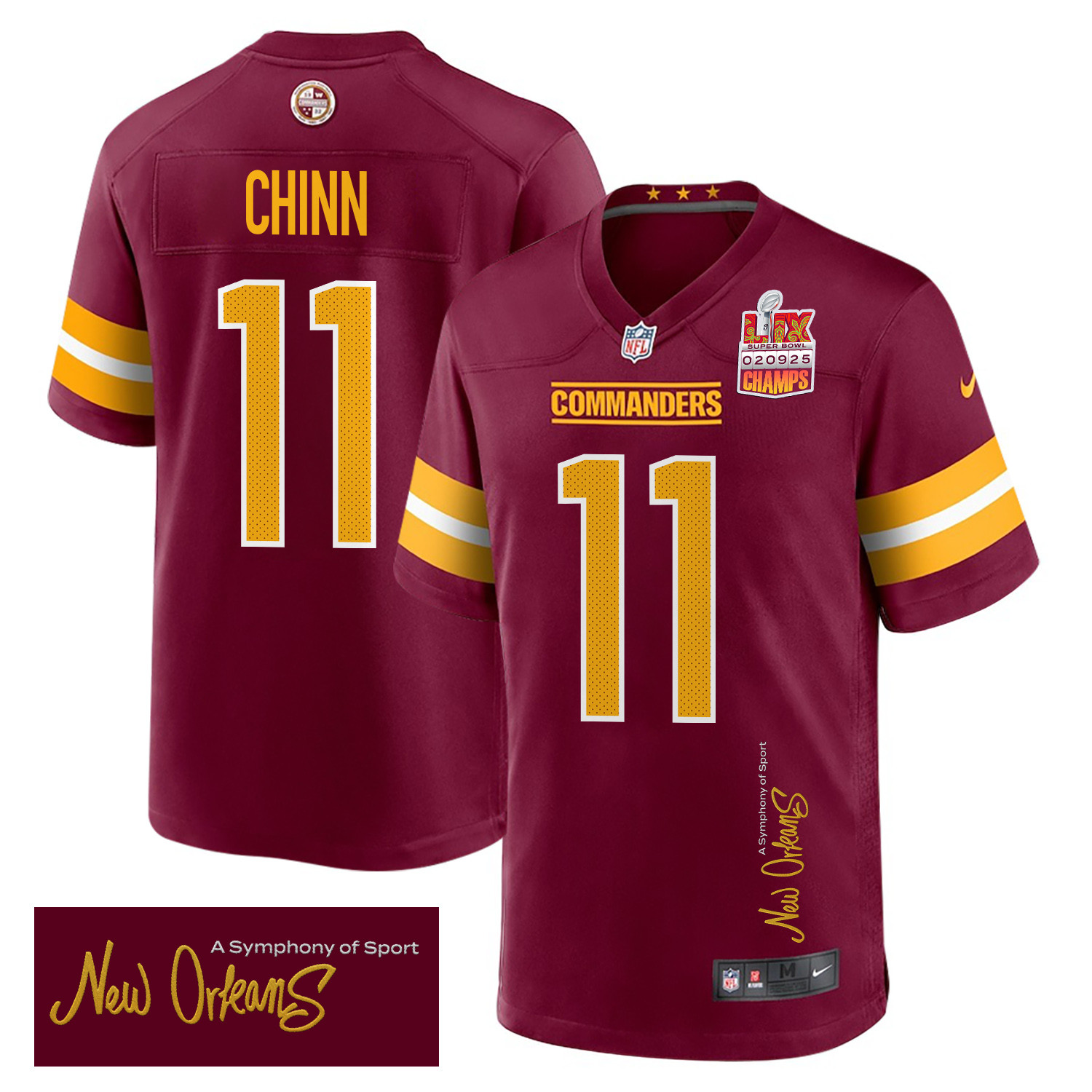 Jeremy Chinn 11 Washington Commanders Super Bowl LIX Champions Patch 'New Orleans - A Symphony of Sport' EMBROIDERED Game Men Jersey - Burgundy - JS295