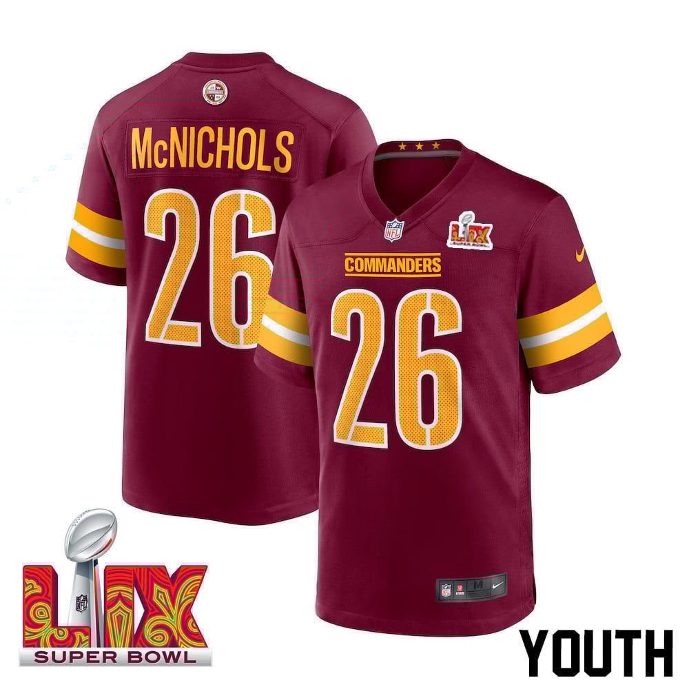 Jeremy McNichols #26 Washington Commanders Super Bowl LIX Youth Jersey - Burgundy - JS755