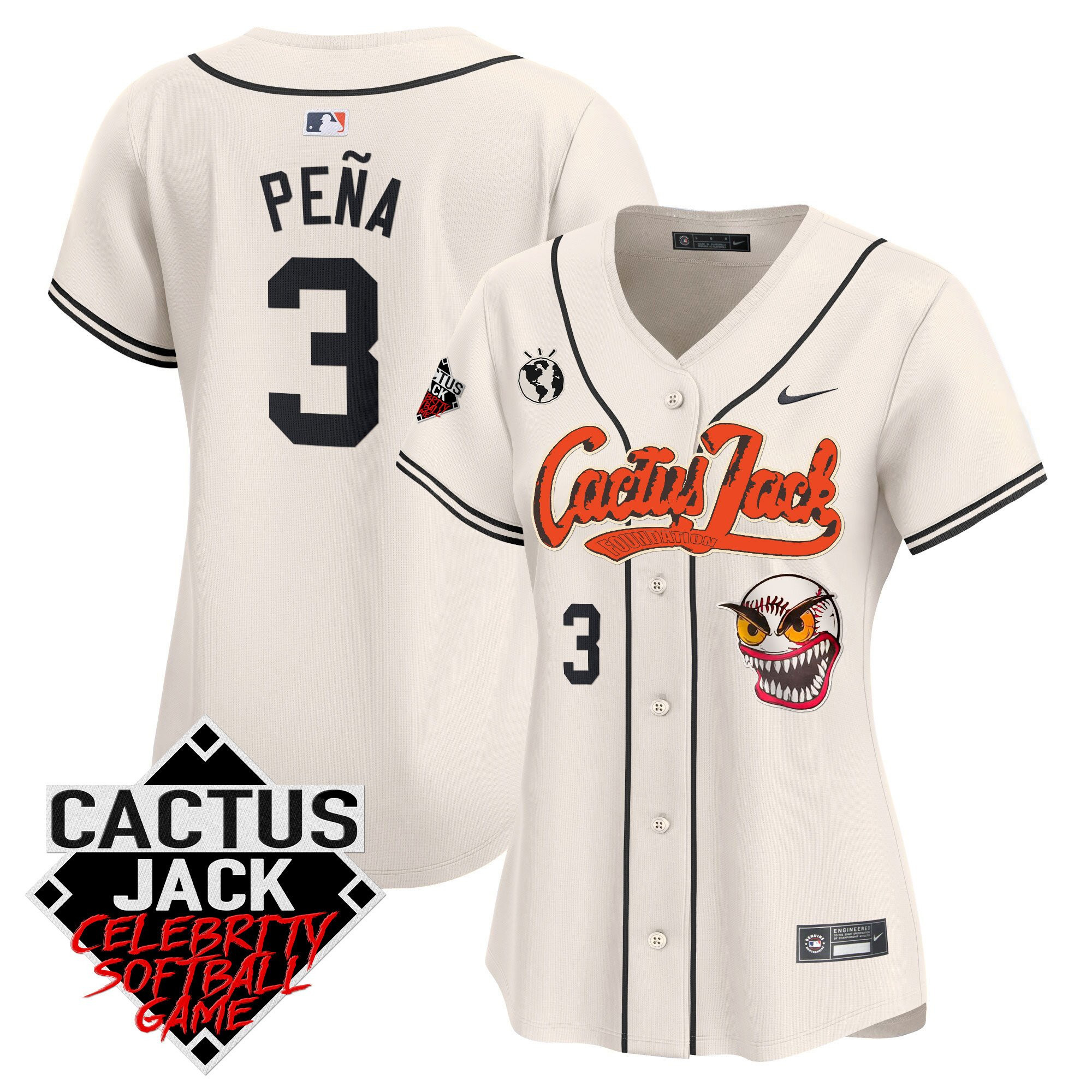 Jeremy Pena 3 Houston Astros Cactus Jack Celebrity Softball Game Patch Women Jersey - Cream - JS874