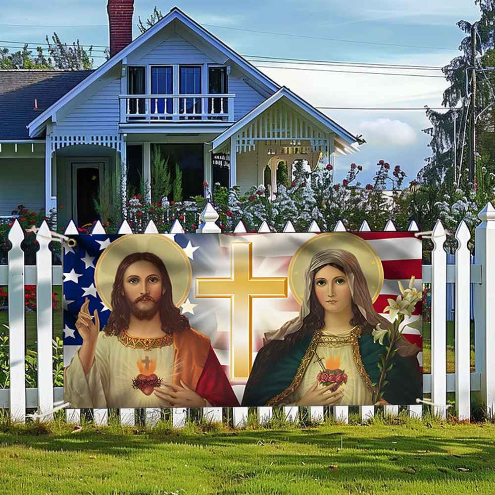 Jesus And Mary Fence Banner Two Loving Hearts Christian Banner Outdoor Decor
