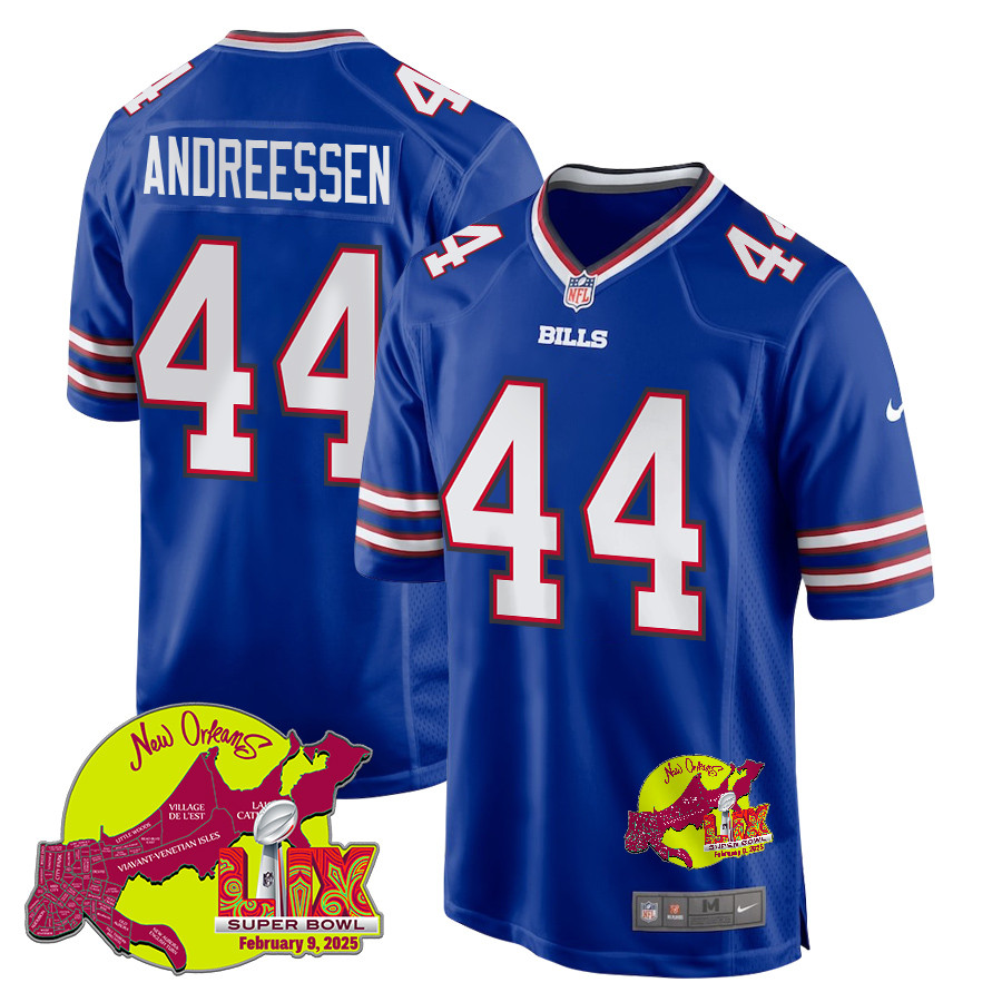 Joe Andreessen 44 Buffalo Bills Super Bowl LIX New Orleans Patch Game Men Jersey - Royal - JS832