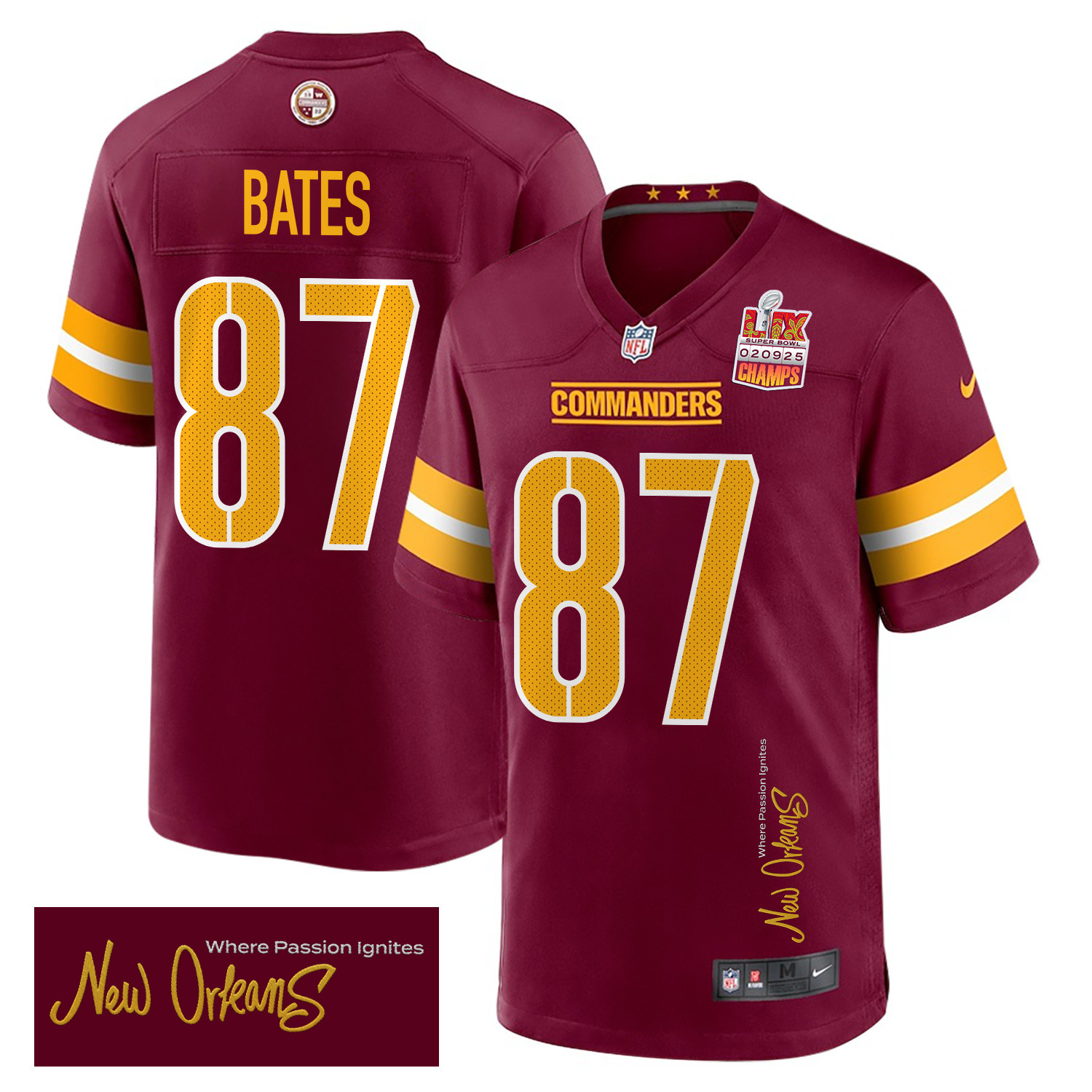 John Bates 87 Washington Commanders Super Bowl LIX Champions Patch 'New Orleans - Where Passion Ignites' EMBROIDERED Game Men Jersey - Burgundy - JS202
