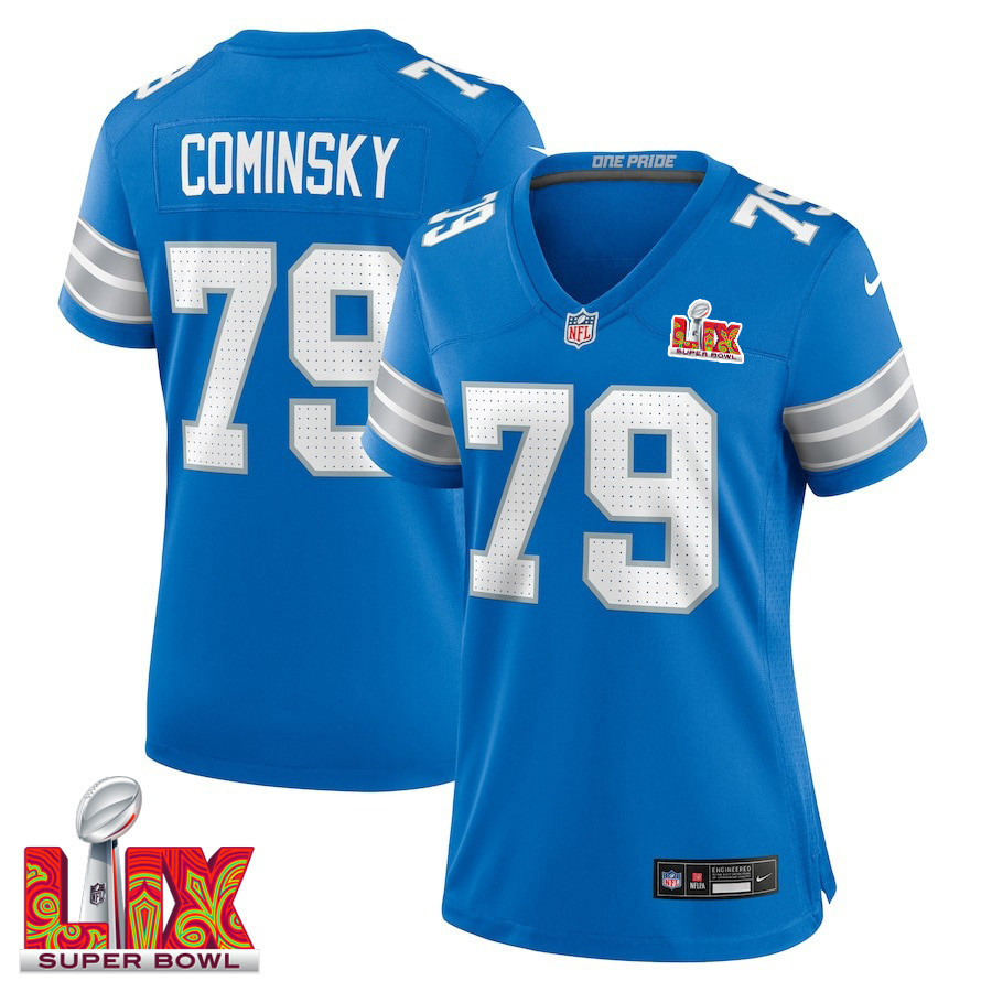 John Cominsky #79 Detroit Lions Super Bowl LIX Women's Jersey - Blue - JS394