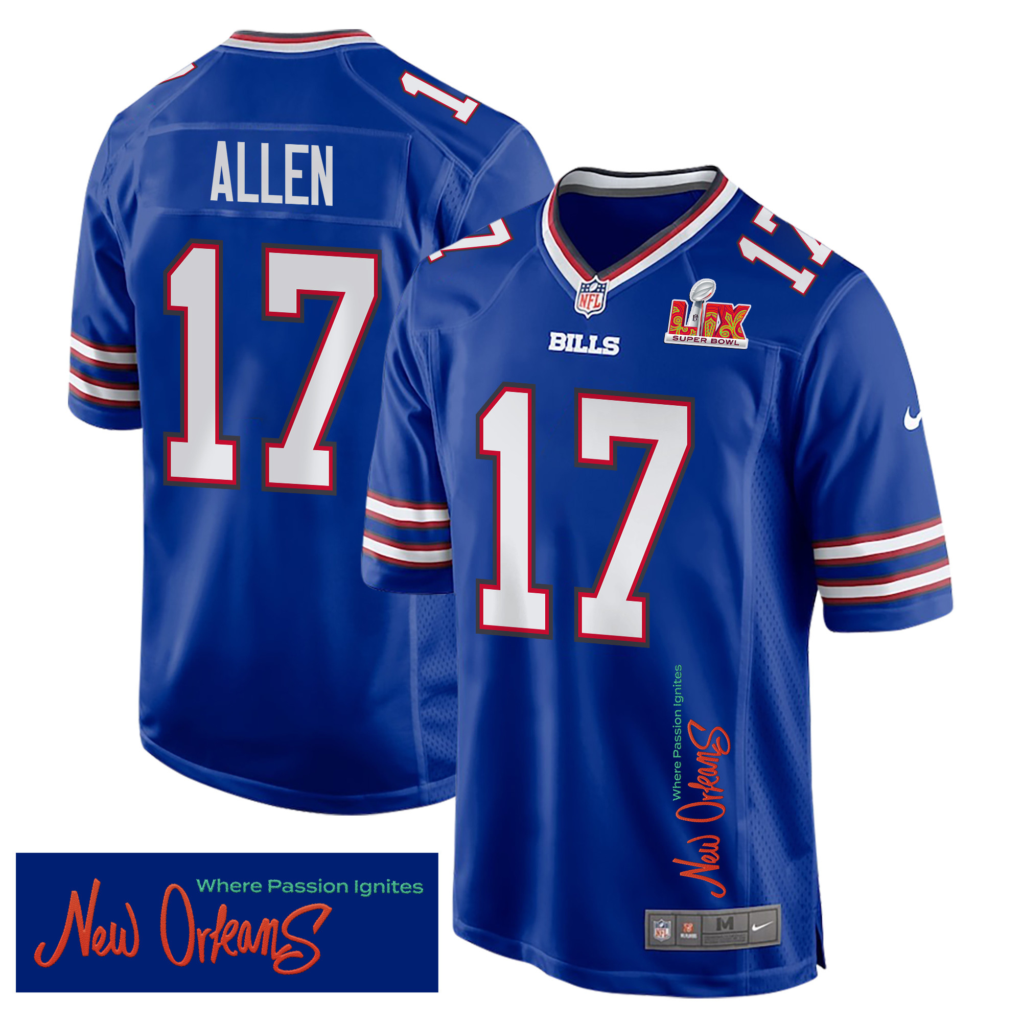 Josh Allen 17 Buffalo Bills Super Bowl LIX 'New Orleans - Where Passion Ignites' EMBROIDERED Game Men Jersey - Royal - JS921