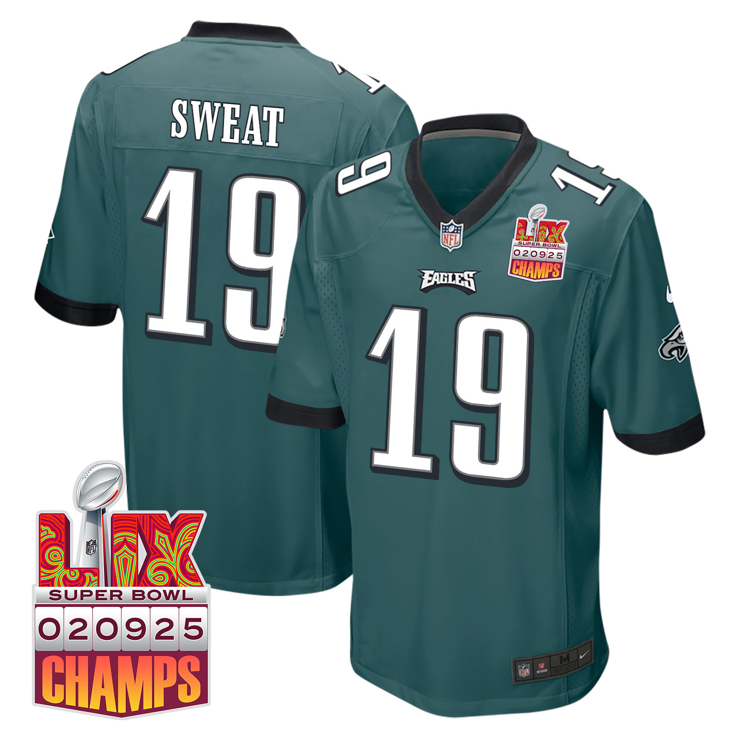 Josh Sweat 19 Philadelphia Eagles Super Bowl LIX Champions Patch Game Men Jersey - Midnight Green - JS923