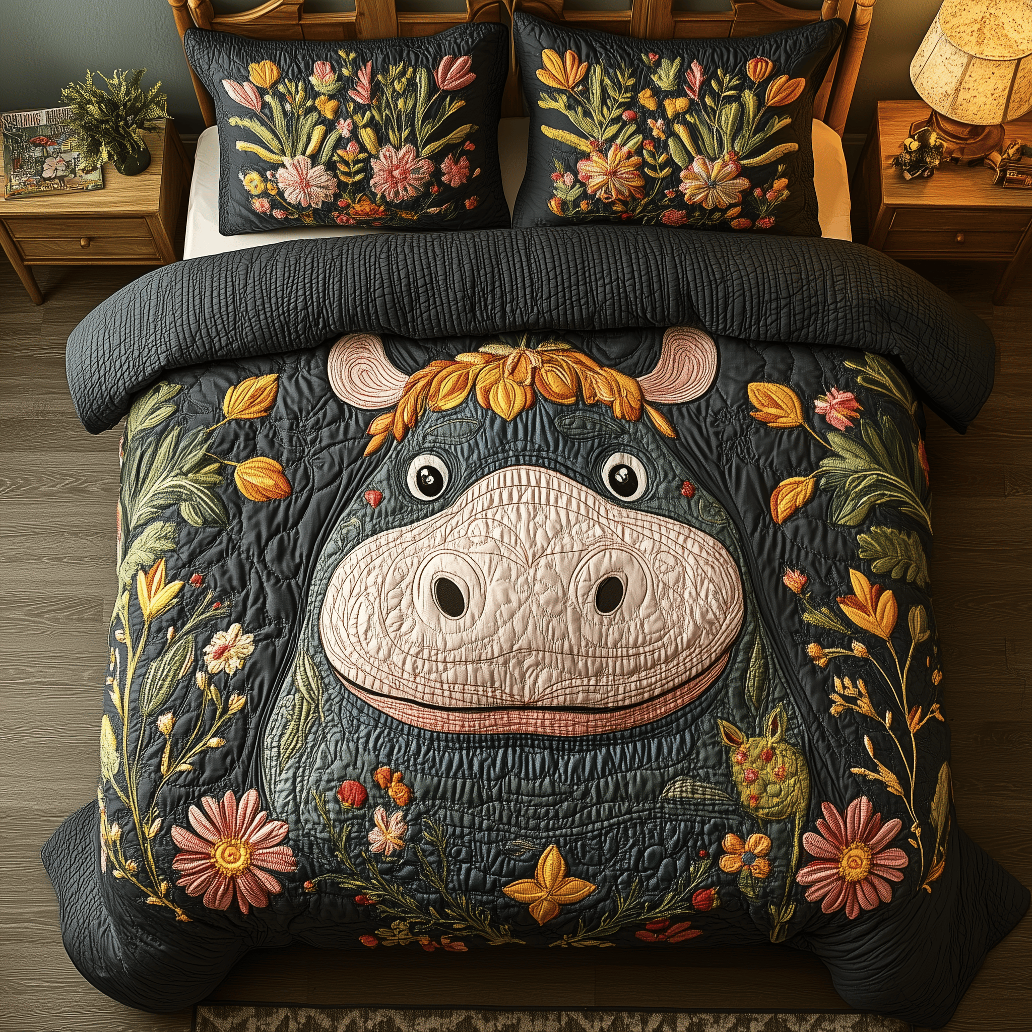 Joyful Meadow Hippo Quilted Bedding Set Unique Duvet Cover Bedspread Set Good Gifts For Girlfriend
