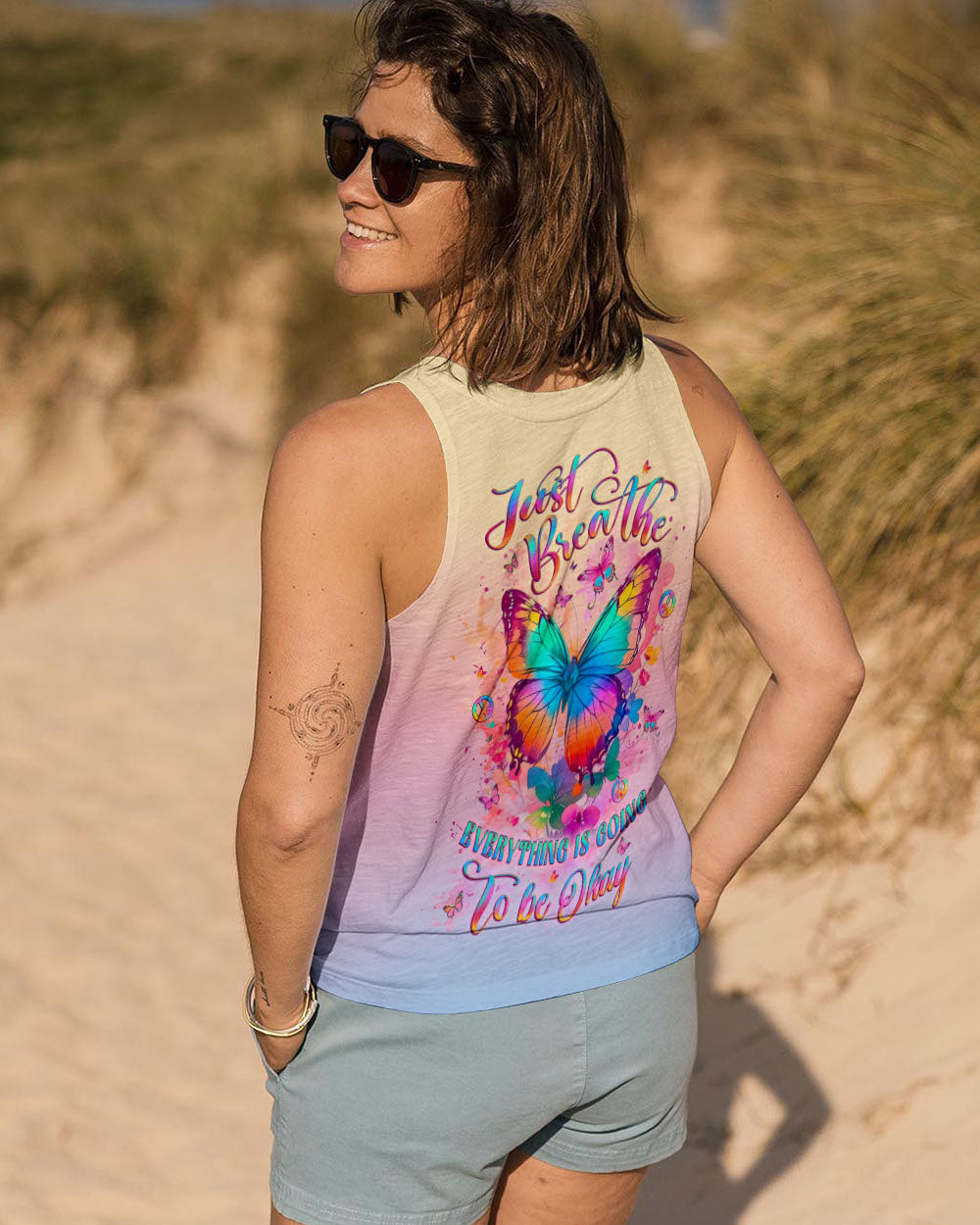 Just Breathe Everything Is Going To Be Okay Colorful Butterfly Tank Top Gifts For Girlfriend
