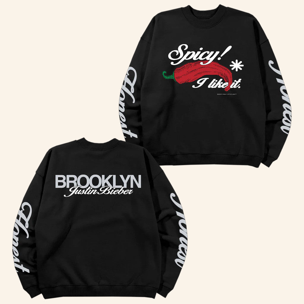 Justin Bieber Merch Spicy x Brooklyn Black Crewneck Sweatshirt Birthday Gift For Friends
