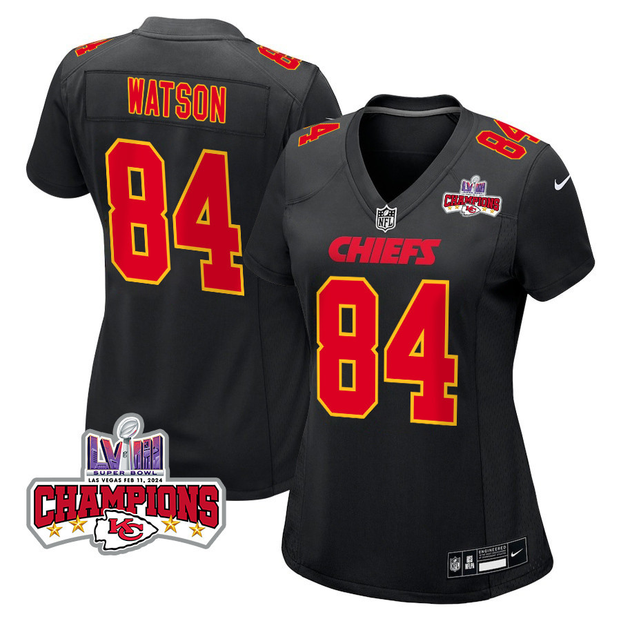 Justin Watson 84 Kansas City Chiefs Super Bowl LVIII Champions 4 Stars Patch Fashion Game Women Jersey - Carbon Black - JSDV555