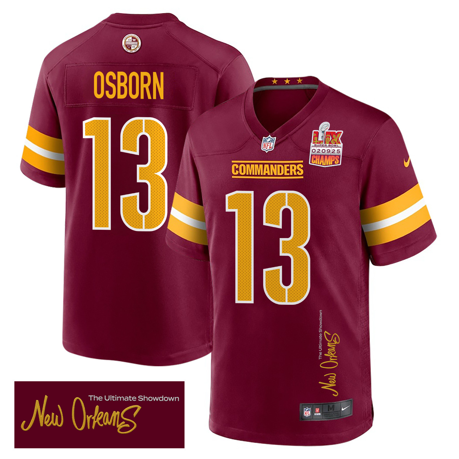 K.J. Osborn 13 Washington Commanders Super Bowl LIX Champions Patch 'New Orleans - The Ultimate Showdown' EMBROIDERED Game Men Jersey - Burgundy - JS179