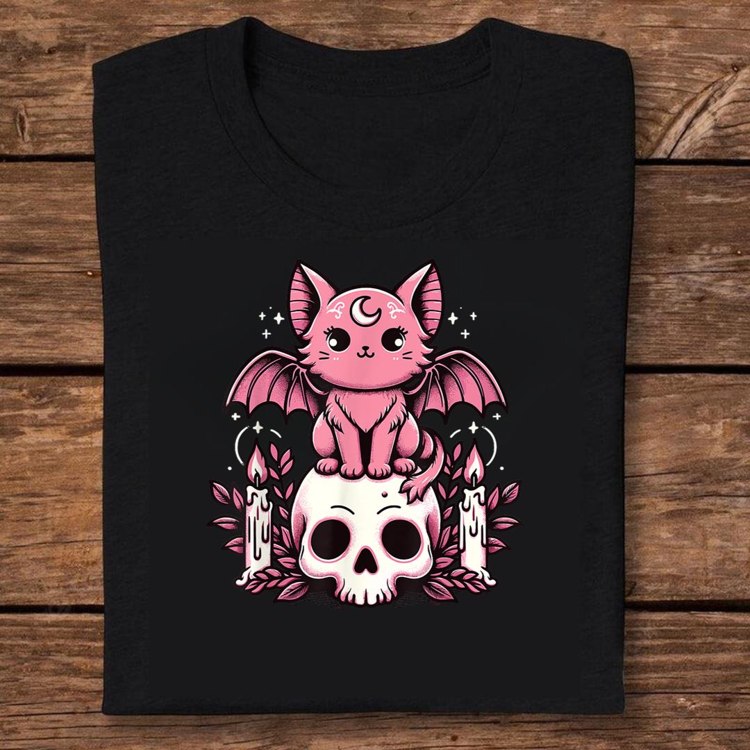 Kawaii Pastel Goth Cute Creepy Cat Bat Skeleton T-shirt
