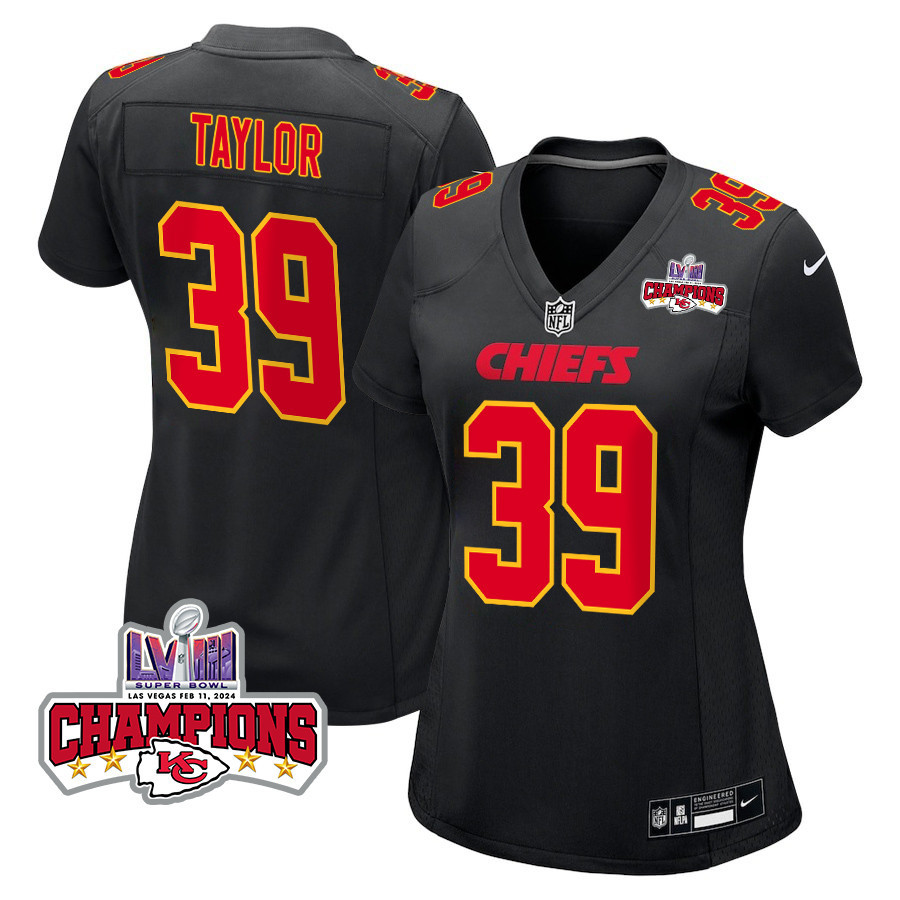 Keith Taylor 39 Kansas City Chiefs Super Bowl LVIII Champions 4 Stars Patch Fashion Game Women Jersey - Carbon Black - JSDV990