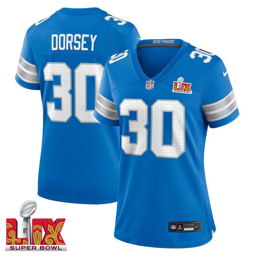 Khalil Dorsey #30 Detroit Lions Super Bowl LIX Women's Jersey - Blue - JS919
