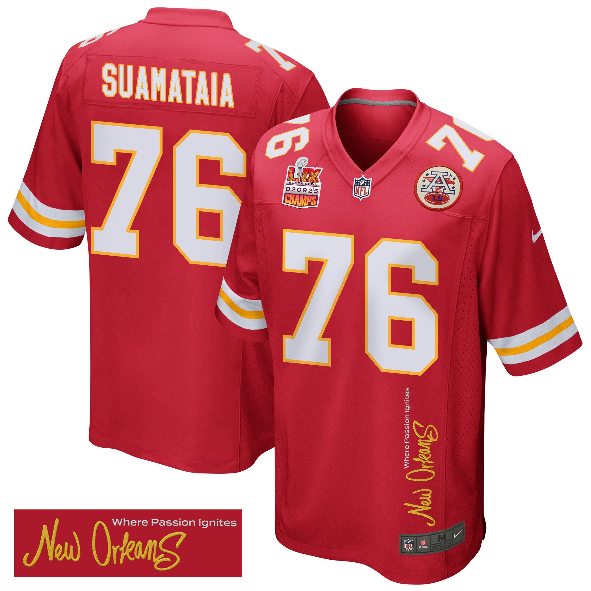 Kingsley Suamataia 76 Kansas City Chiefs Super Bowl LIX Champions Patch 'New Orleans - Where Passion Ignites' EMBROIDERED Game Men Jersey - Red - JS140