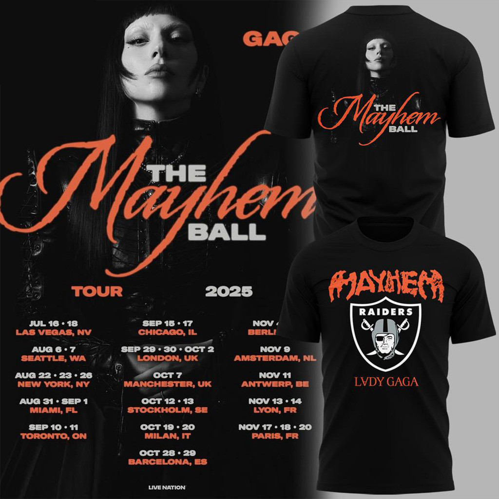 Lady Gaga Las Vegas Raiders The Mayhem Ball Tour 2025 T-Shirt Fan Merch Gifts For Her