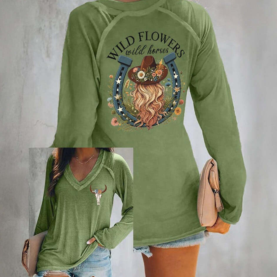 Lainey Wilson Merch Wild Flowers Wild Horses V-neck Long Sleeve T-Shirt Music Fans Father's Day Gift for Dad