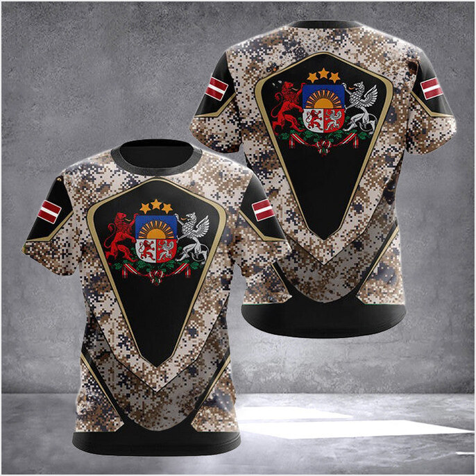 Latvia Coat Of Arms Camouflage T-Shirt Latvia Lover Clothing Men Birthday Gifts For Latvian