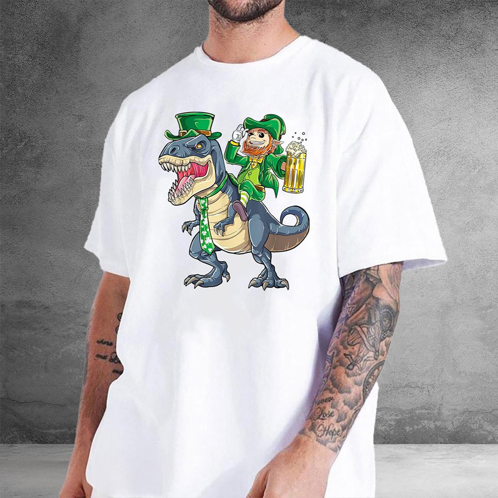 Leprechaun Riding Dinosaur T-Rex St Patrick's Day T-Shirt Funny Gifts For Him
