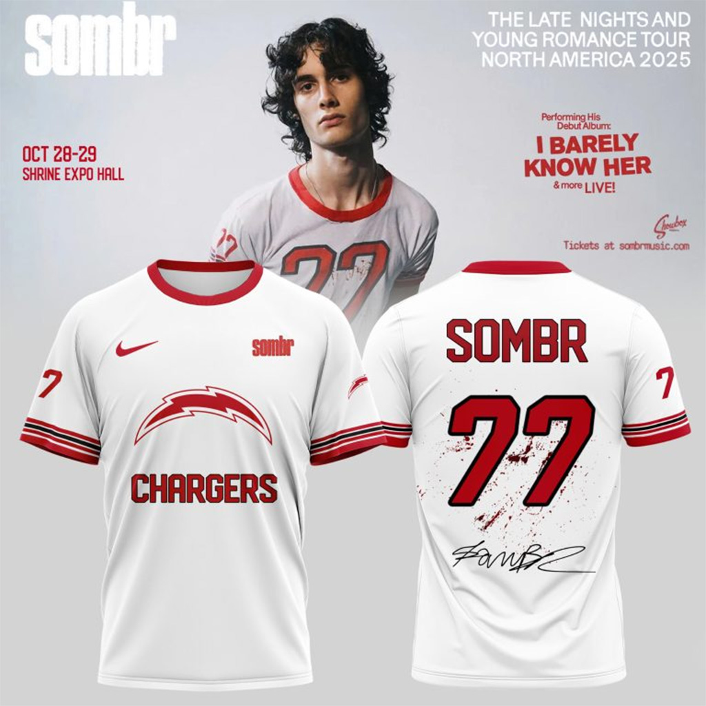 Los Angeles Chargers X Sombr The Late Nights Young Romance Tour T-Shirt Chargers Merch