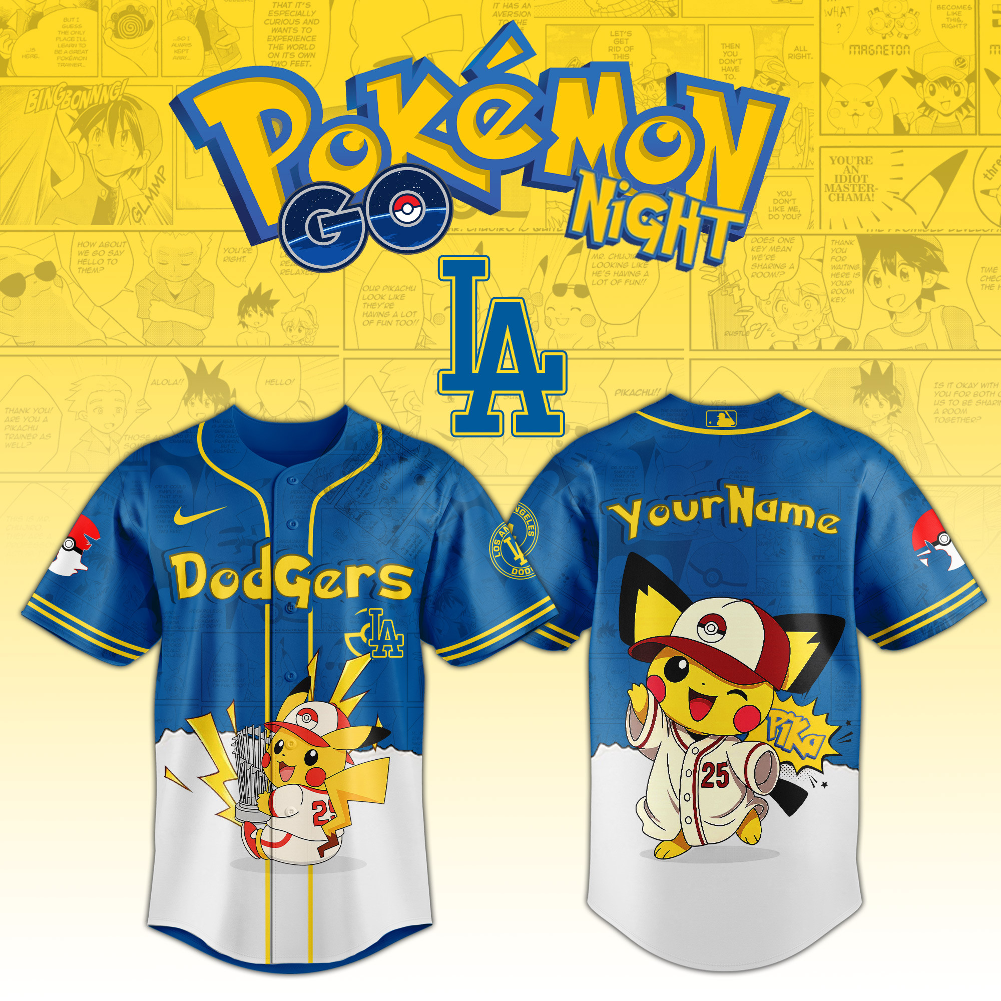 Los Angeles Dodgers Mlb X Pokemon Go Night Personalized Baseball Jersey For Fans