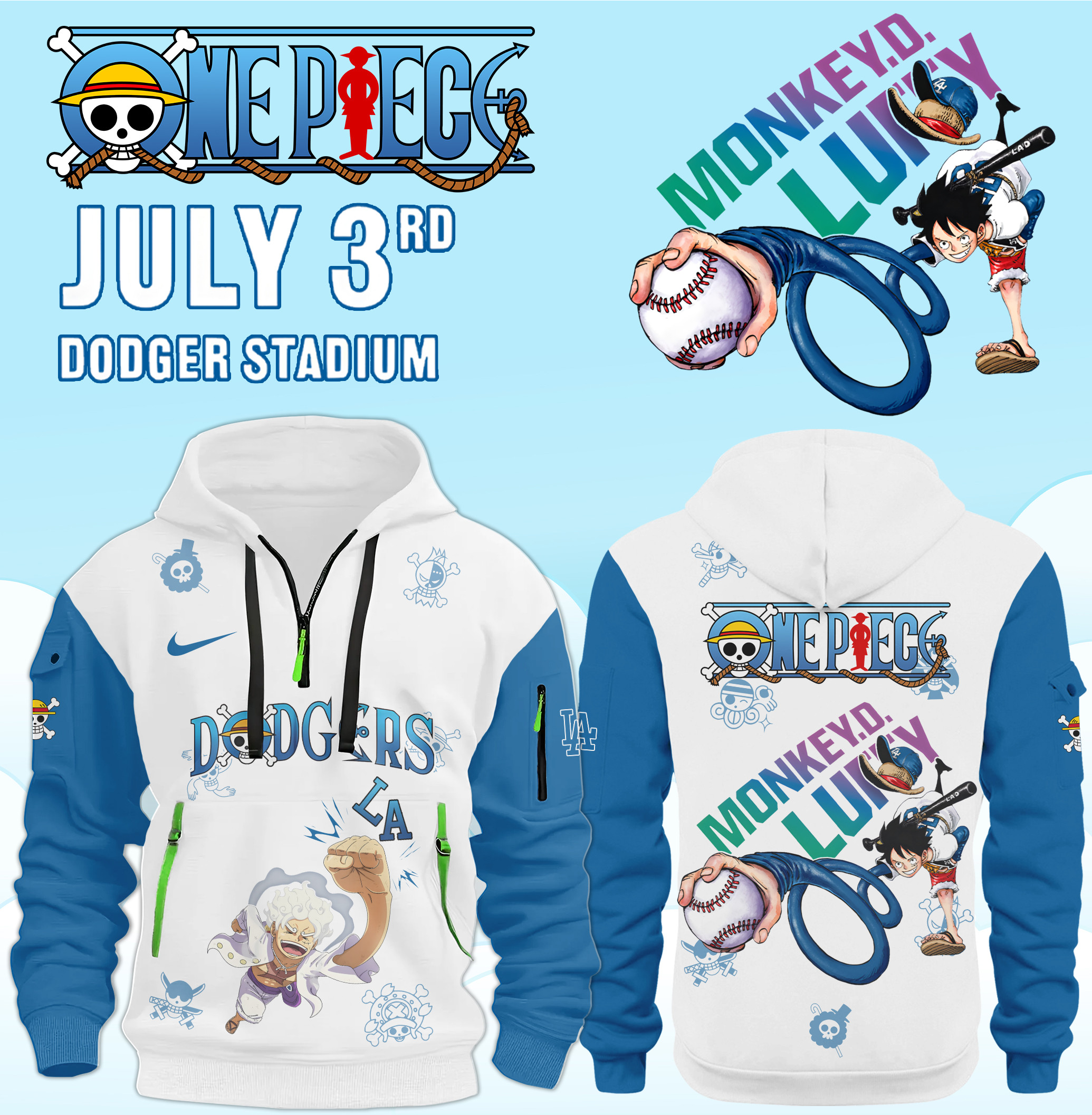 Los Angeles Dodgers One Piece Night 2025 Half Zip Hoodie Luffy Collector's Item Birthday Gift