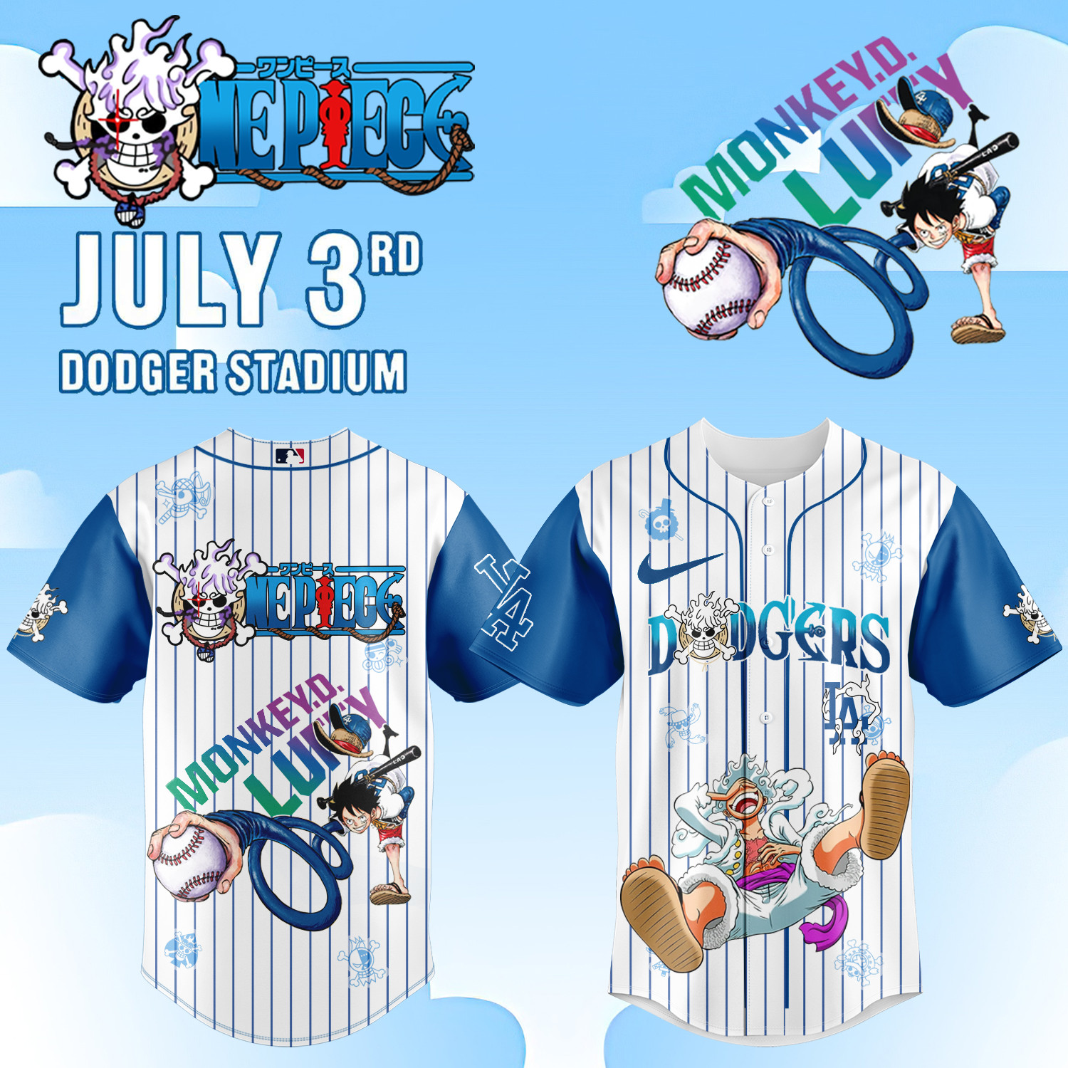 Los Angeles Dodgers One Piece Night Luffy Gear 5 Jersey 2025 Anime Baseball Jersey Gift