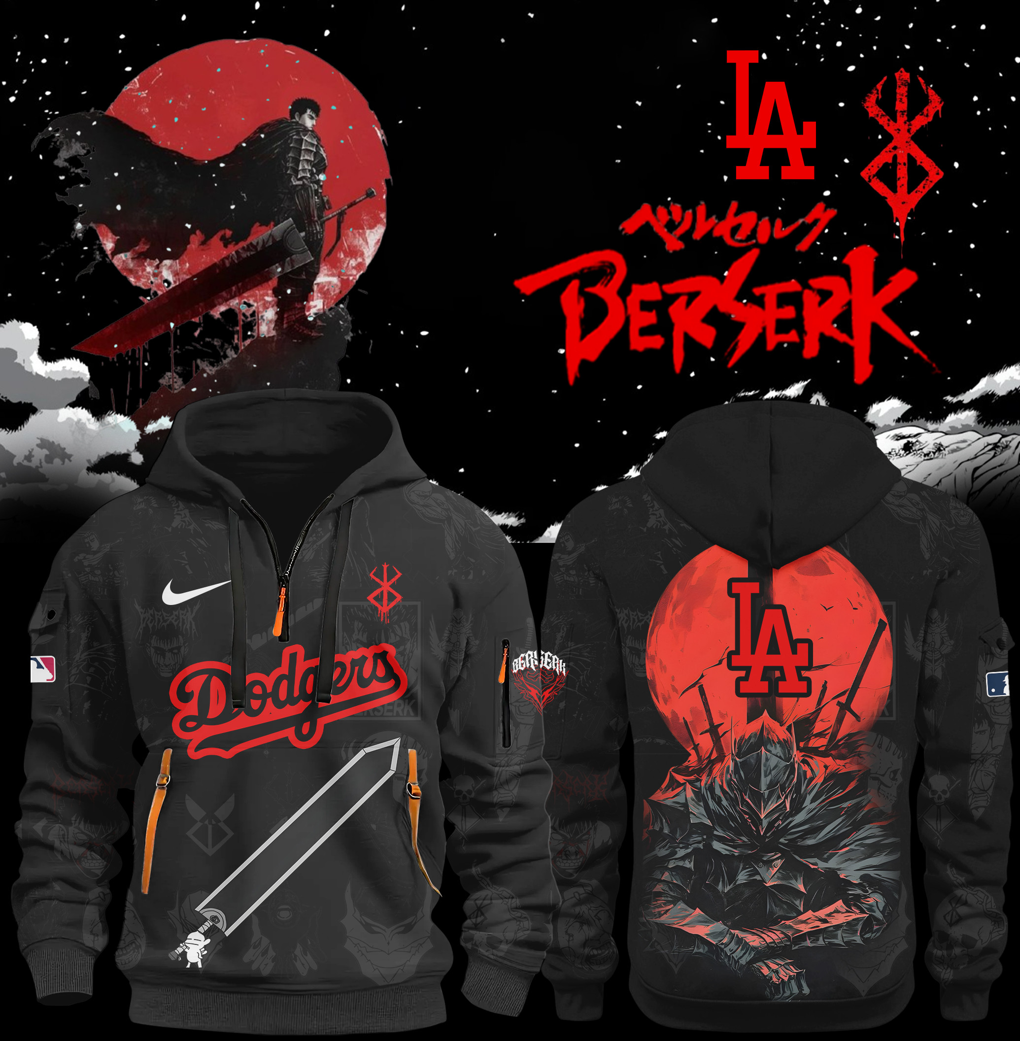 Los Angeles Dodgers X Black Clover Half Zip Hoodie 2025 Anime Collection Christmas Gift Idea
