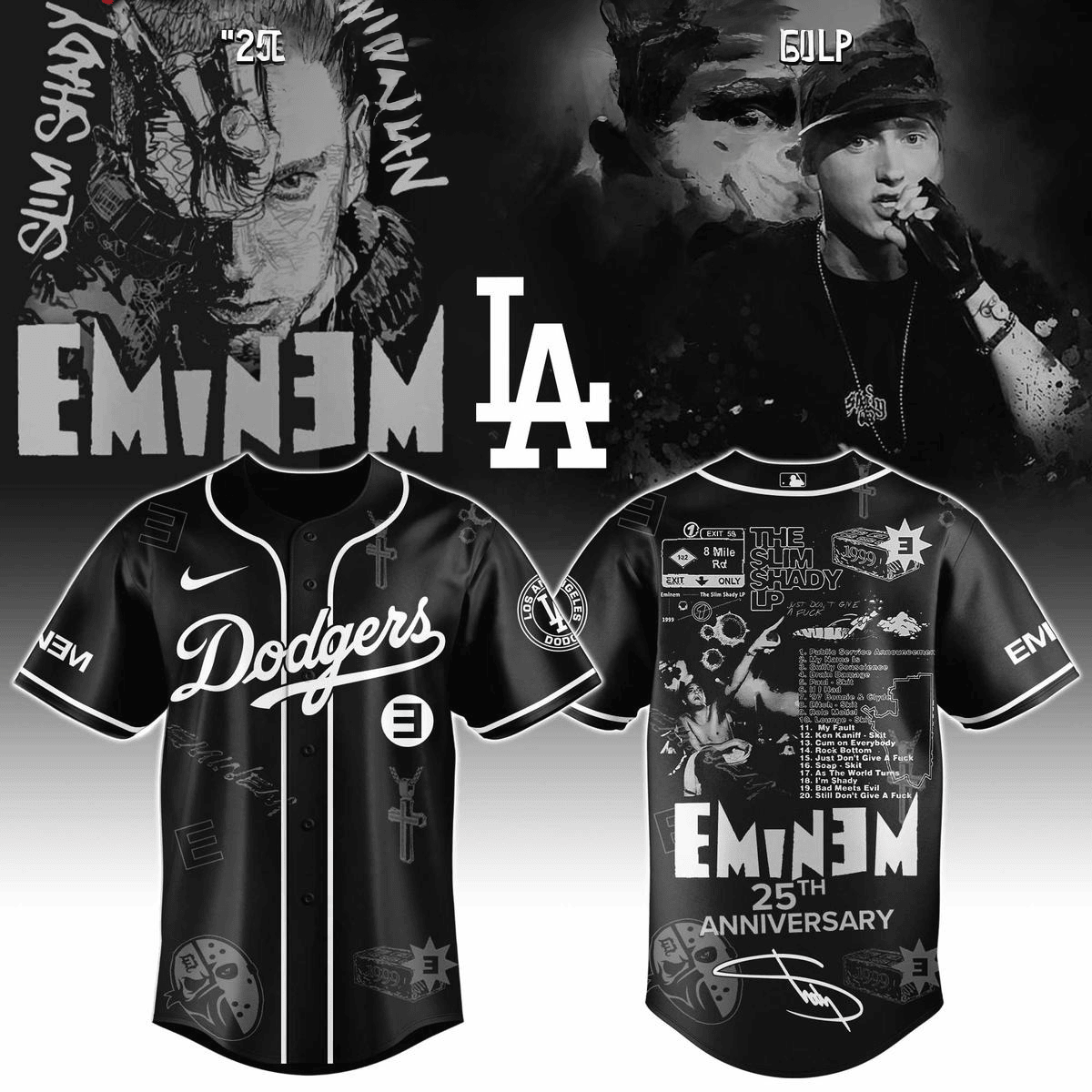 Los Angeles Dodgers X Eminem 25th Anniversary Of The Slim Shady Lp 2025 Jersey Dodgers Merch