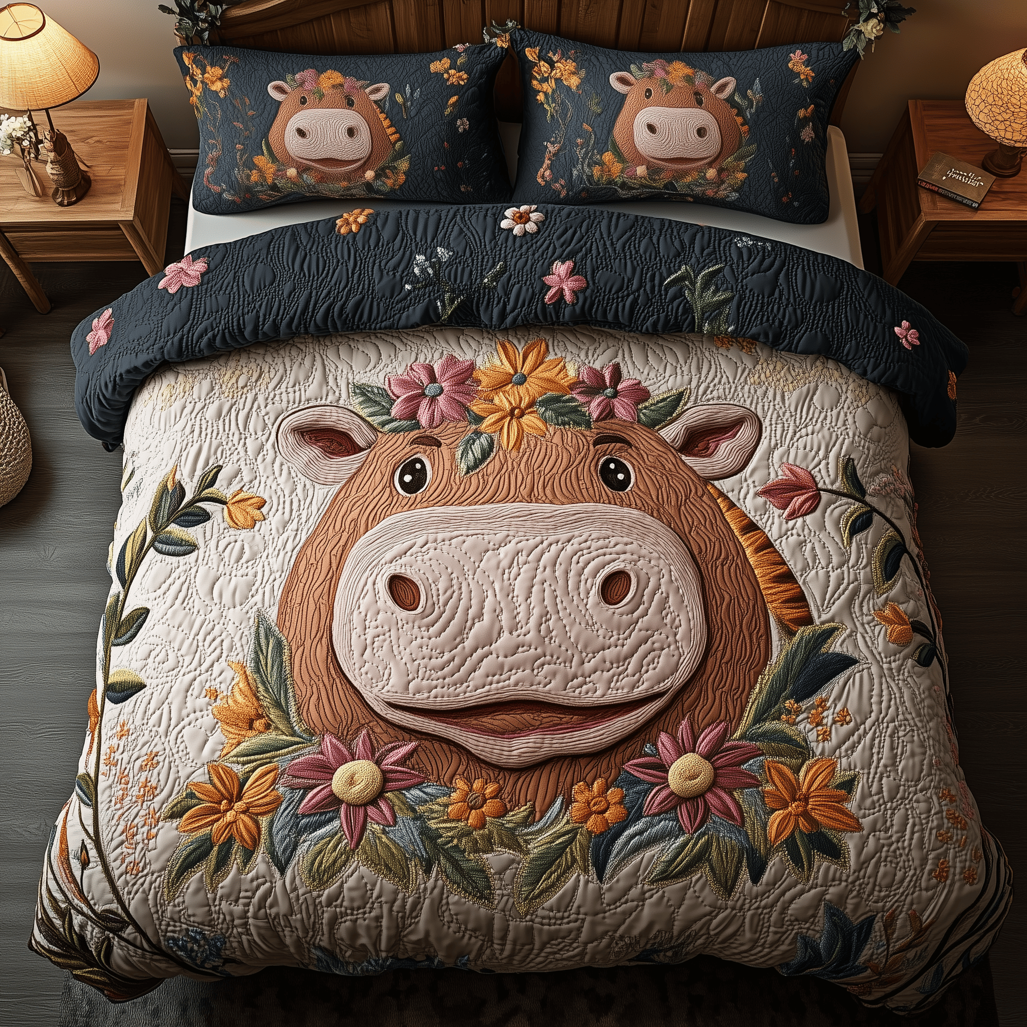 Lovely Blossom Hippo Quilted Bedding Set Unique Duvet Cover Bedspread Set Best Gifts For Girlfriend