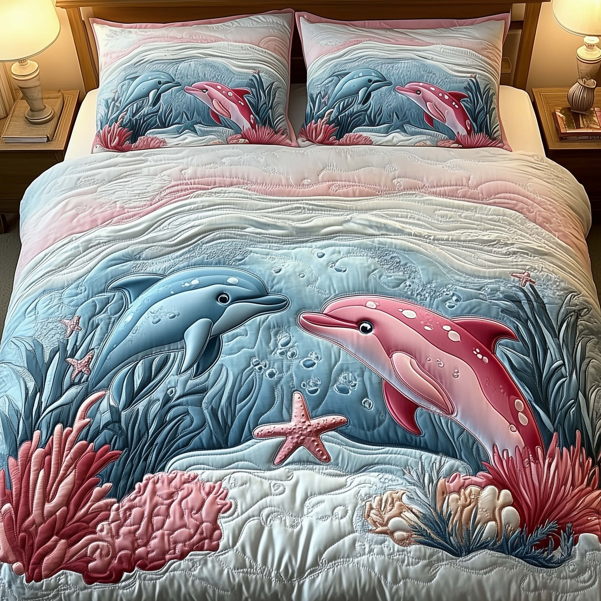 Lovely Dolphin Couple Quilted Bedding Set Best Mothers Day Duvet Cover Set Dolphin Gift Idea