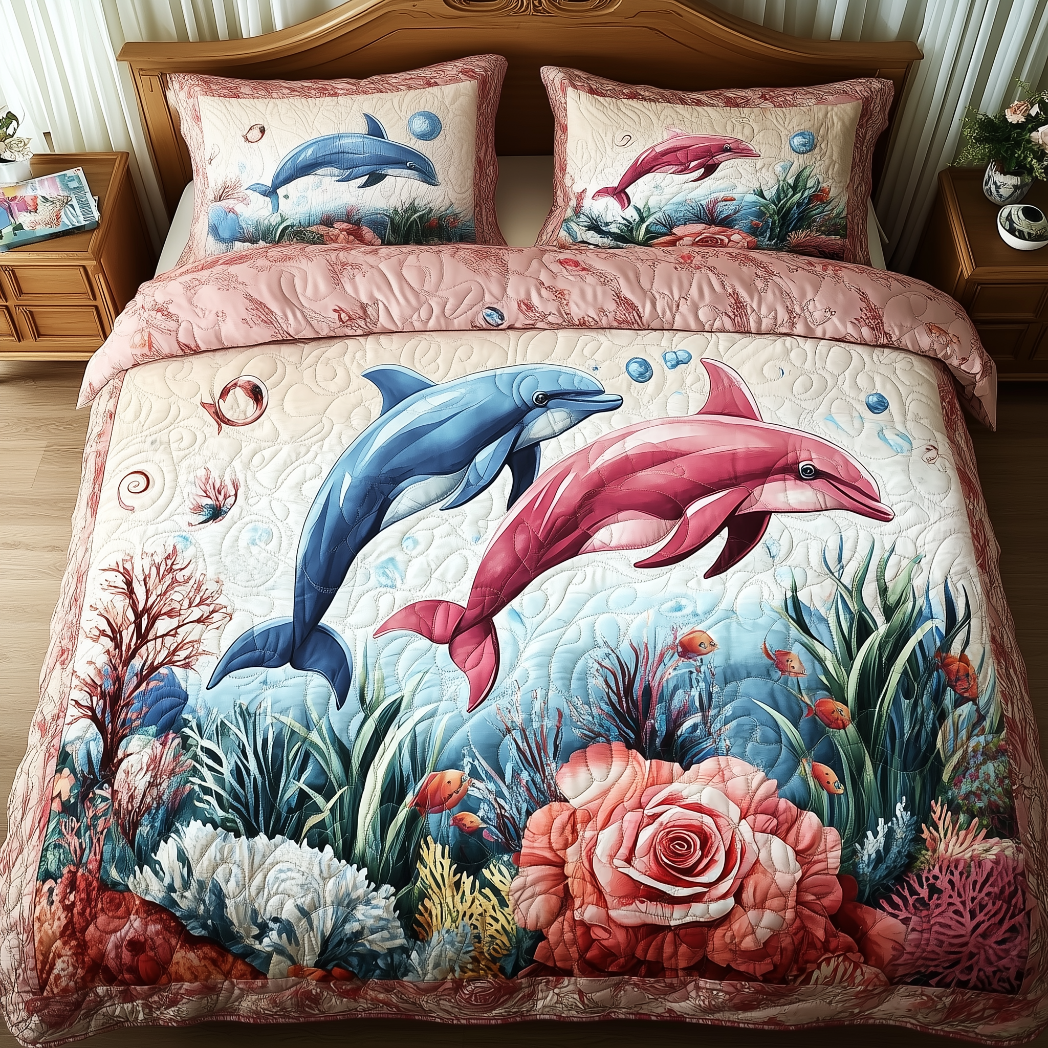 Lovely Dolphin Couple Quilted Bedding Set Best Mothers Day Duvet Cover Set Dolphin Gift Ideas
