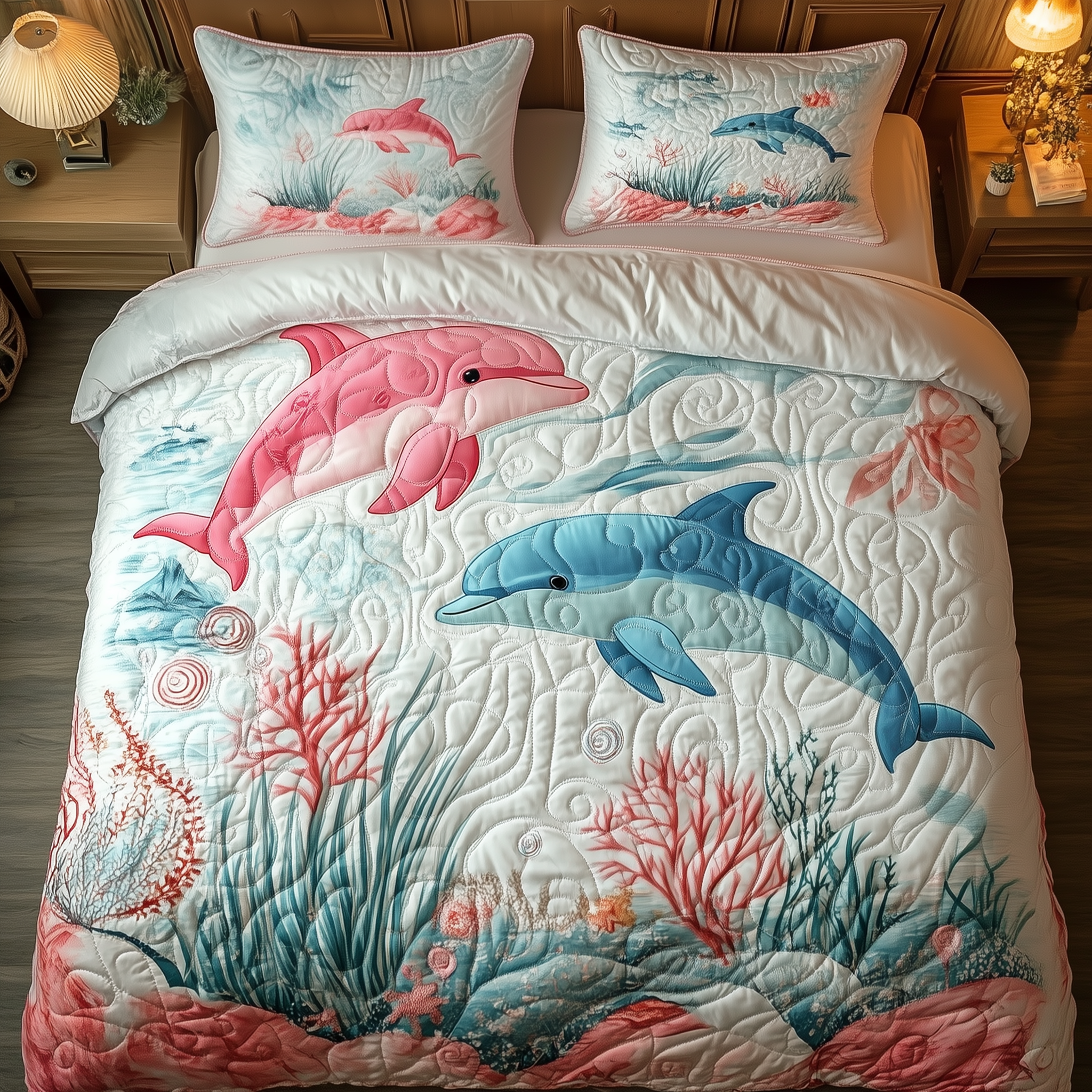 Lovely Dolphin Couple Quilted Bedding Set Best Mothers Day Duvet Cover Set Dolphin Gifts For Her