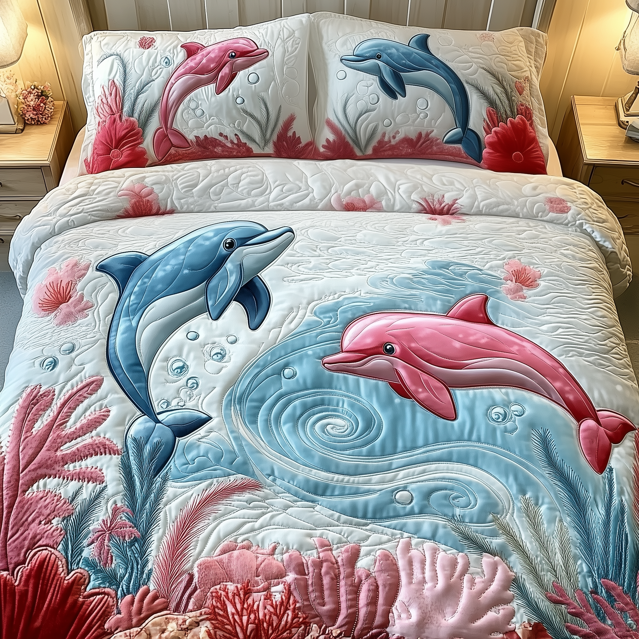 Lovely Dolphin Couple Quilted Bedding Set Best Mothers Day Duvet Cover Set Dolphin Presents