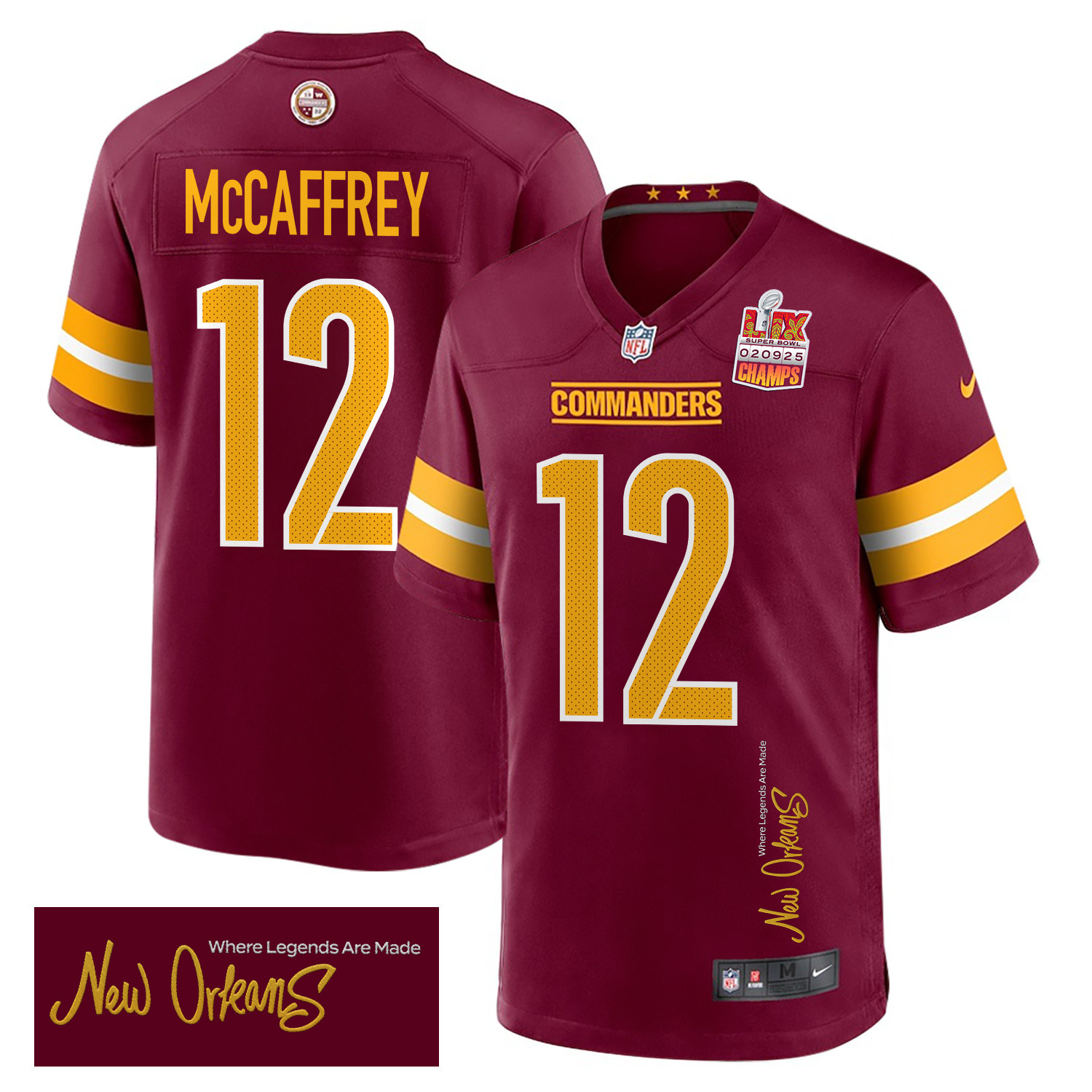 Luke McCaffrey 12 Washington Commanders Super Bowl LIX Champions Patch 'New Orleans - Where Legends Are Made' EMBROIDERED Game Men Jersey - Burgundy - JS962