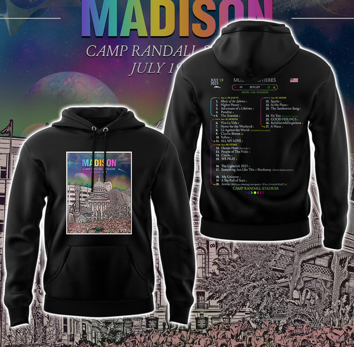 Madison Camp Randall Stadium Concert Black Hoodie Musical Gifts For Adults