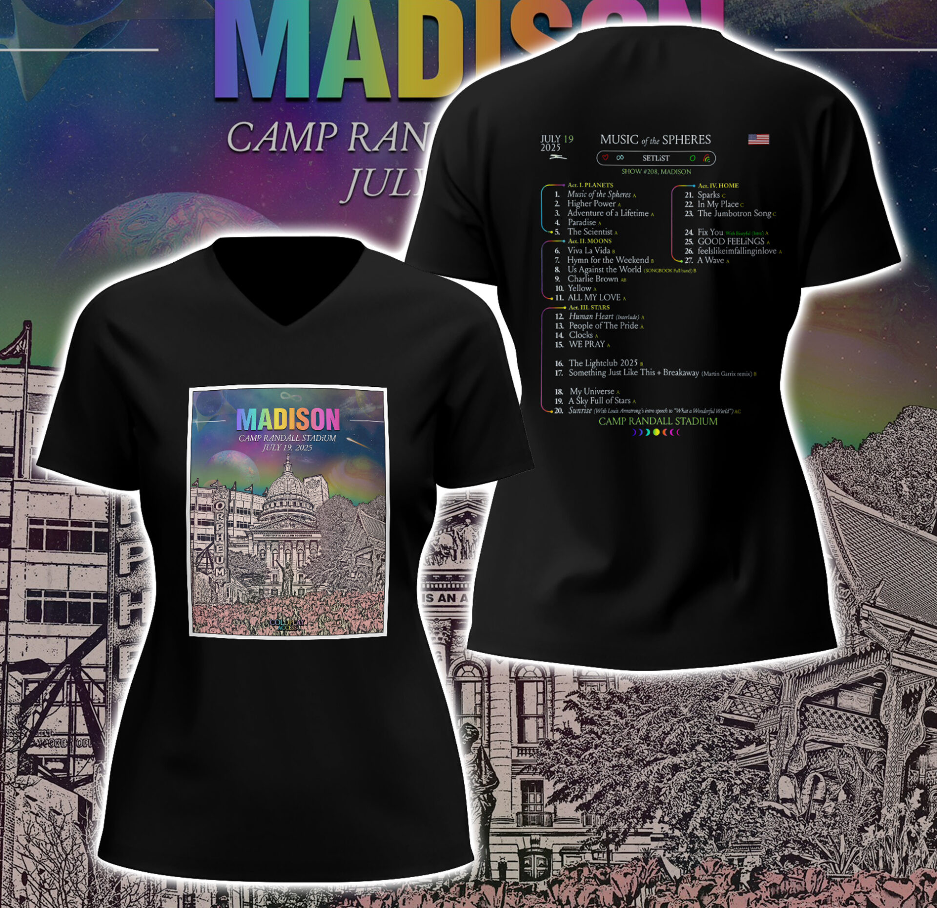 Madison Camp Randall Stadium Concert V-neck Black T-shirt Gifts For Musicians